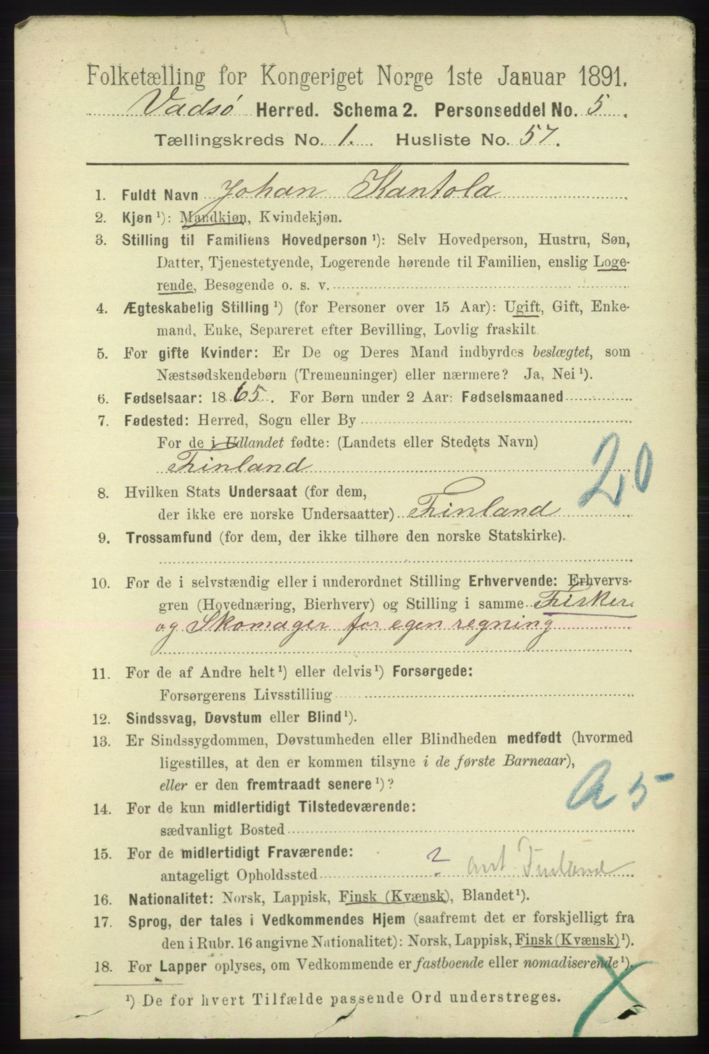 RA, 1891 census for 2029 Vadsø, 1891, p. 399