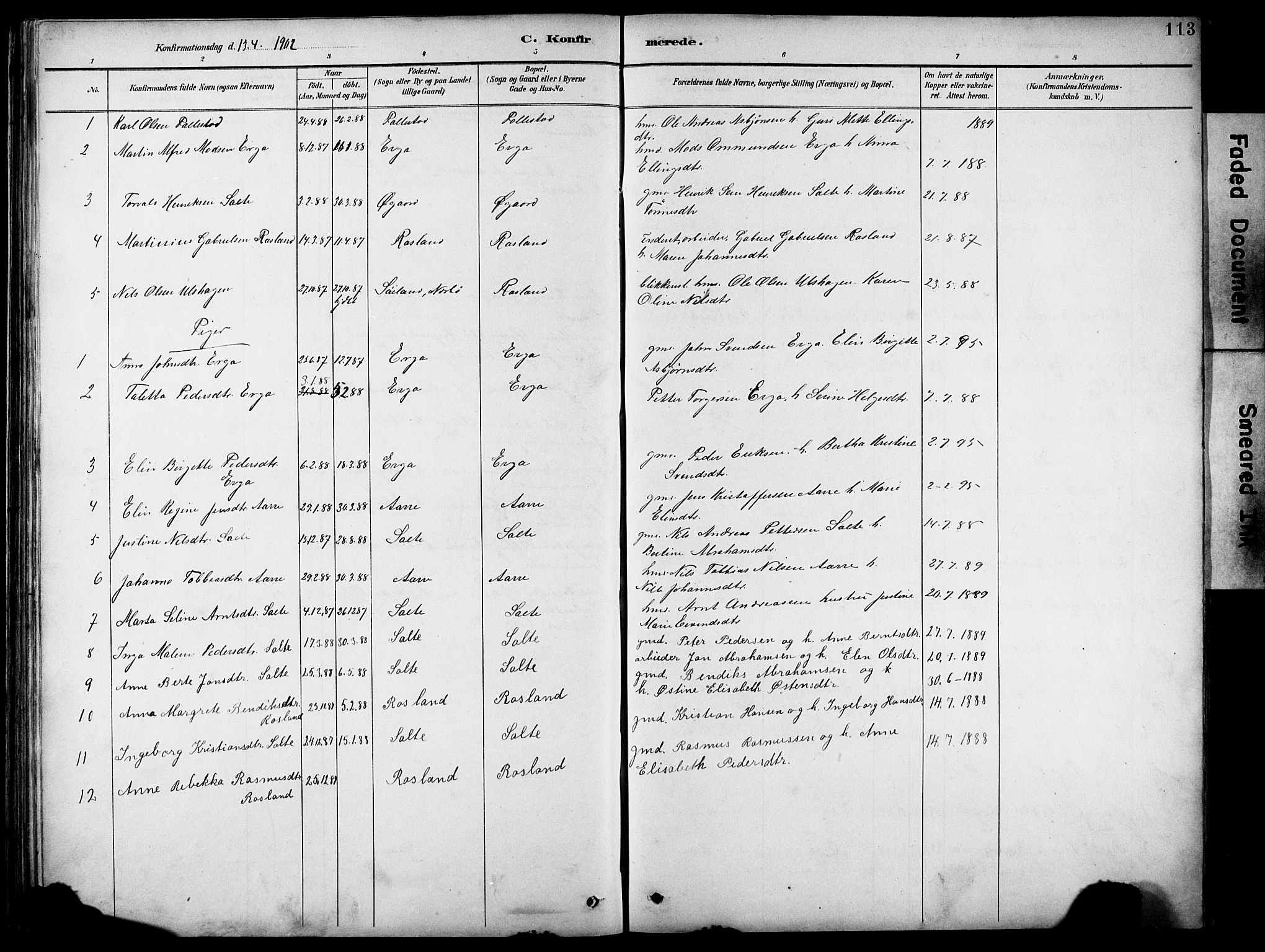 Klepp sokneprestkontor, SAST/A-101803/001/3/30BB/L0005: Parish register (copy) no. B 5, 1889-1918, p. 113