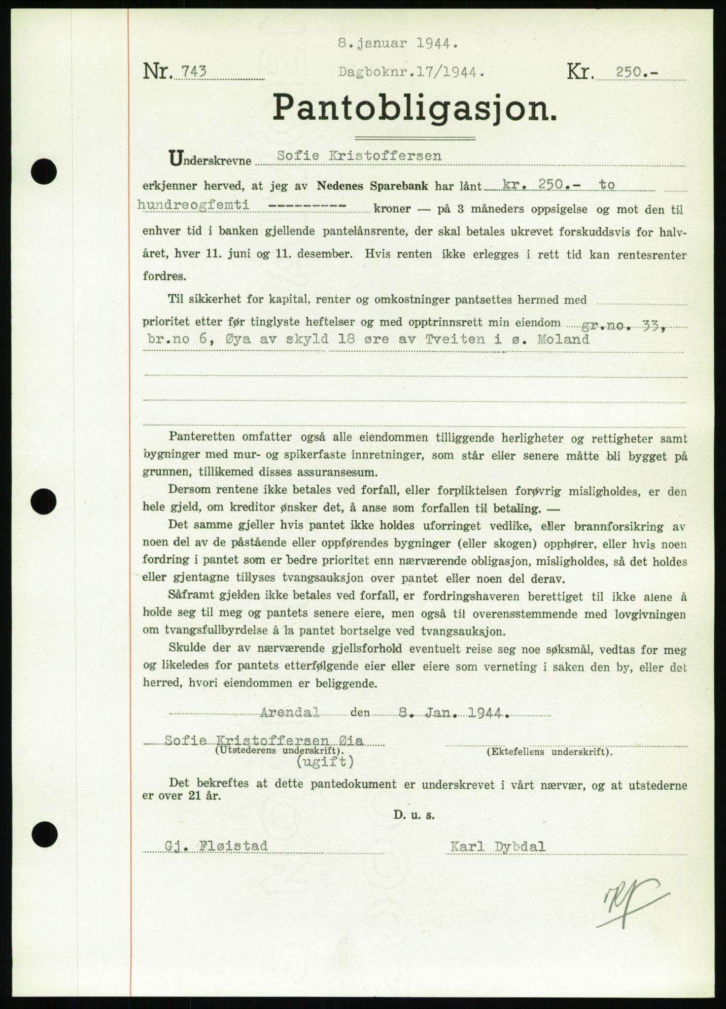 Nedenes sorenskriveri, AV/SAK-1221-0006/G/Gb/Gbb/L0002: Mortgage book no. II, 1942-1945, Diary no: : 17/1944