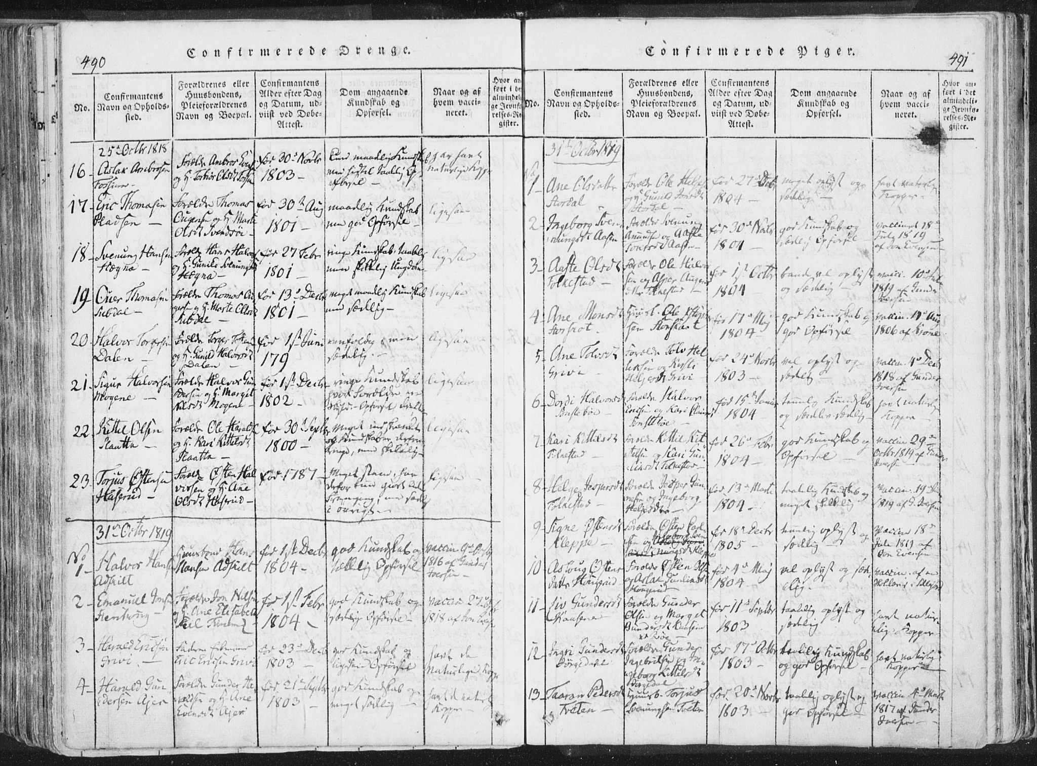 Bø kirkebøker, AV/SAKO-A-257/F/Fa/L0006: Parish register (official) no. 6, 1815-1831, p. 490-491