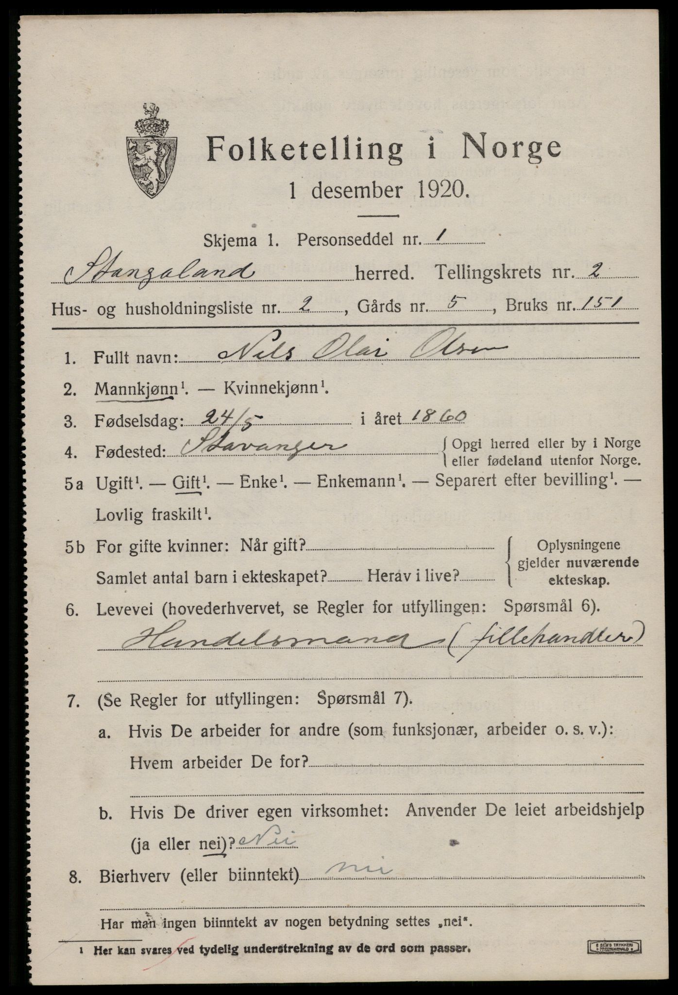 SAST, 1920 census for Stangaland, 1920, p. 1209