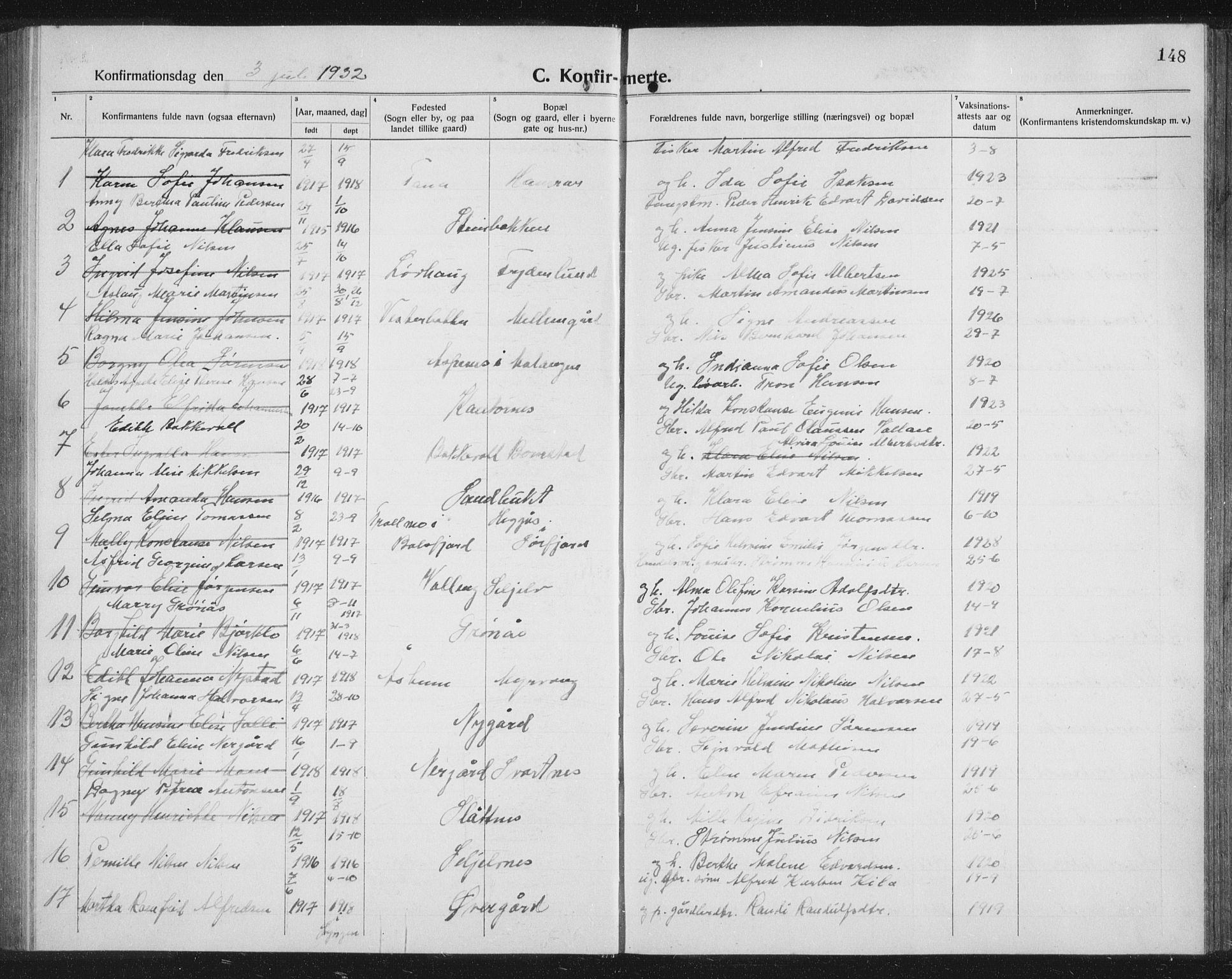 Balsfjord sokneprestembete, SATØ/S-1303/G/Ga/L0010klokker: Parish register (copy) no. 10, 1921-1936, p. 148