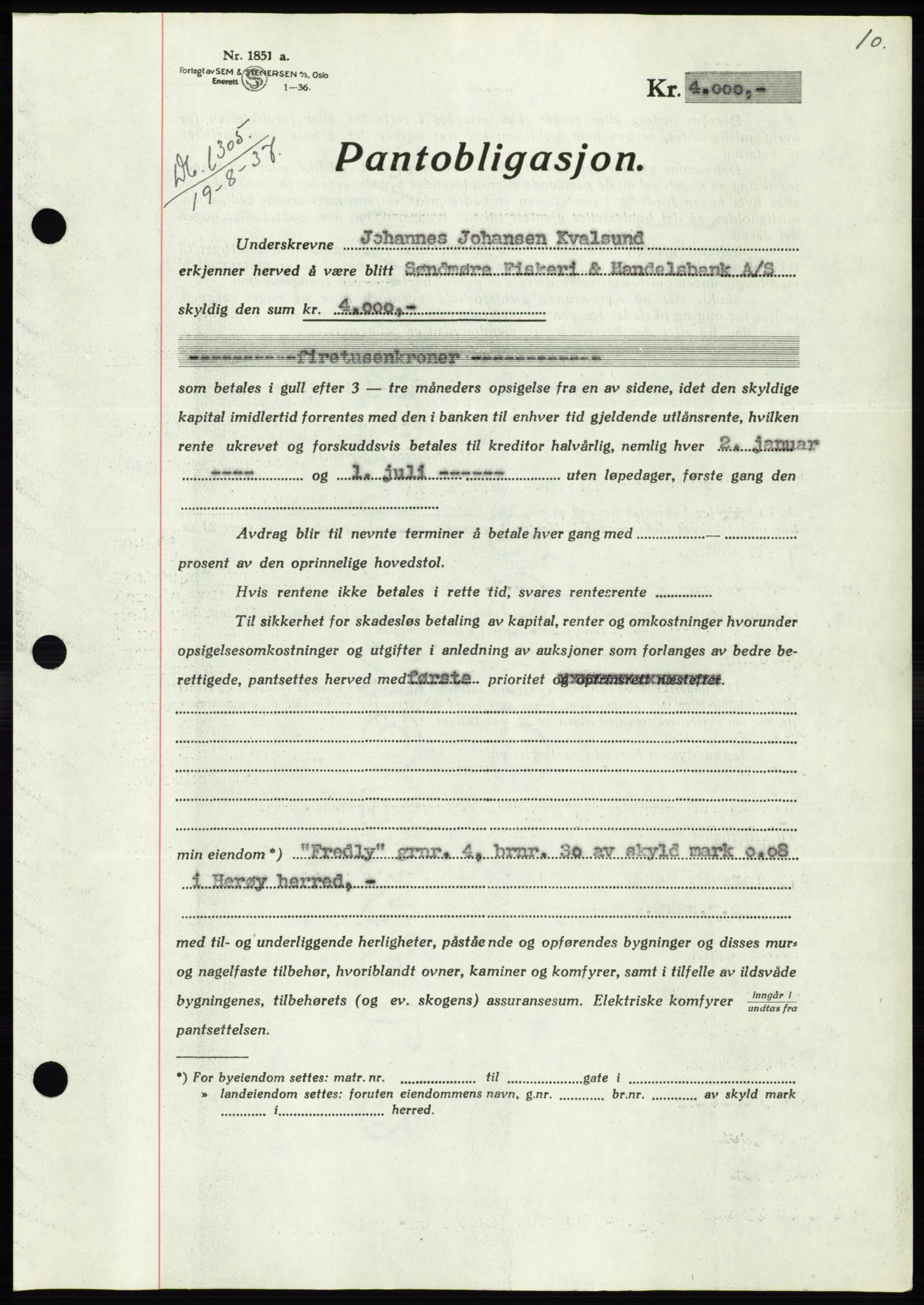 Søre Sunnmøre sorenskriveri, AV/SAT-A-4122/1/2/2C/L0064: Mortgage book no. 58, 1937-1938, Diary no: : 1305/1937