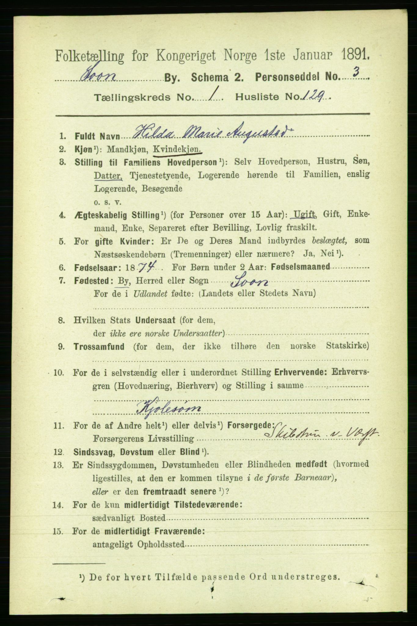 RA, 1891 census for 0201 Son, 1891, p. 821