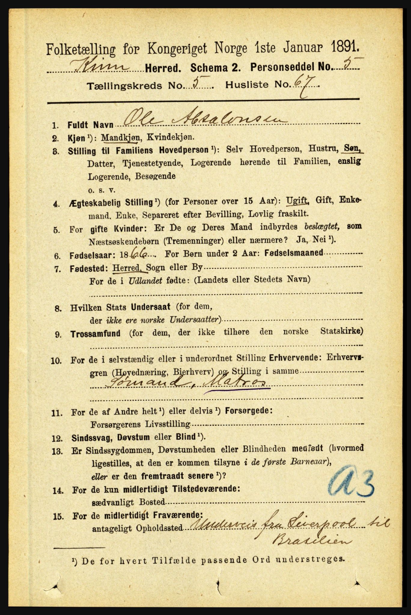 RA, 1891 census for 1437 Kinn, 1891, p. 2177