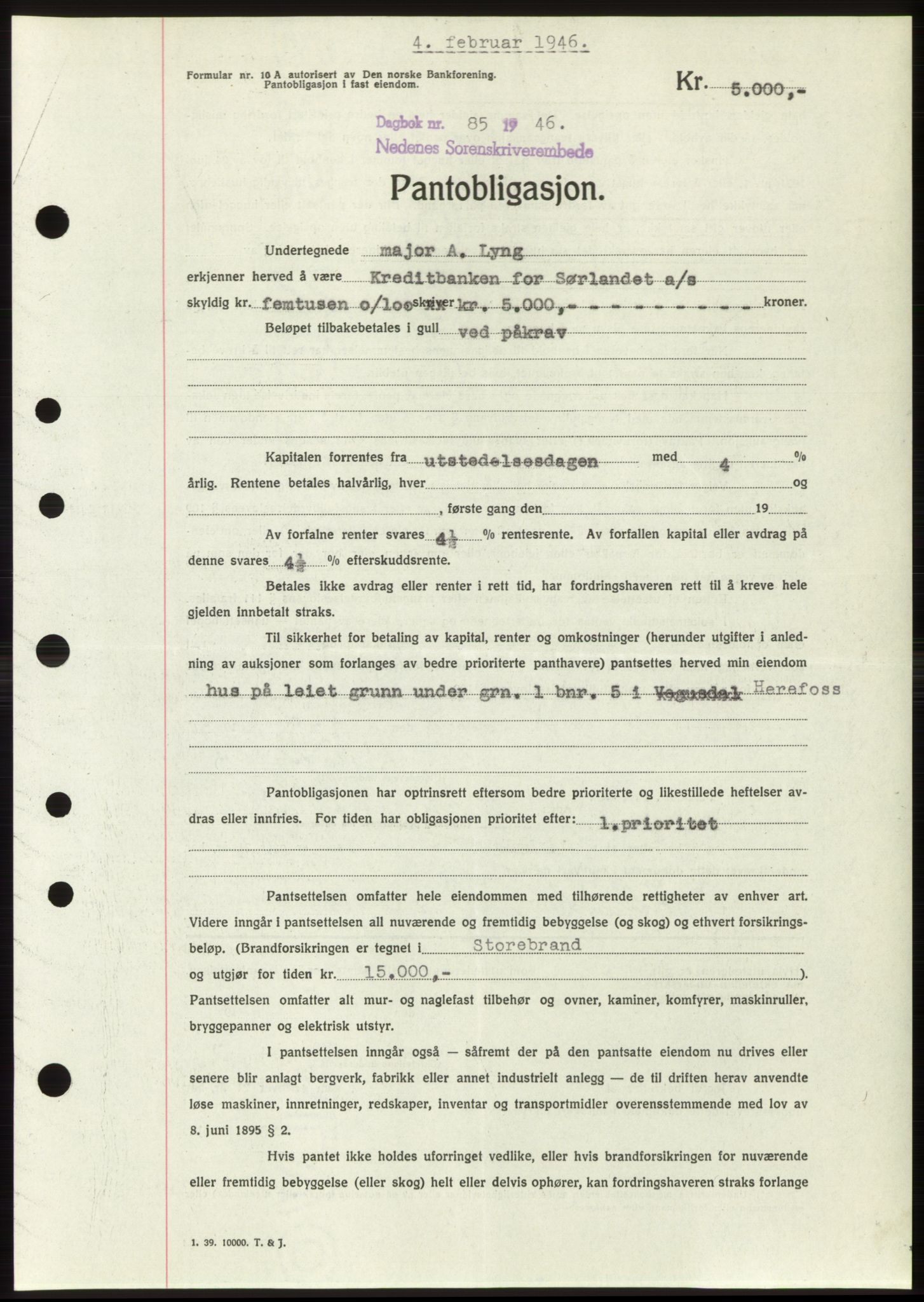 Nedenes sorenskriveri, SAK/1221-0006/G/Gb/Gbb/L0003: Mortgage book no. B3b, 1946-1946, Diary no: : 85/1946