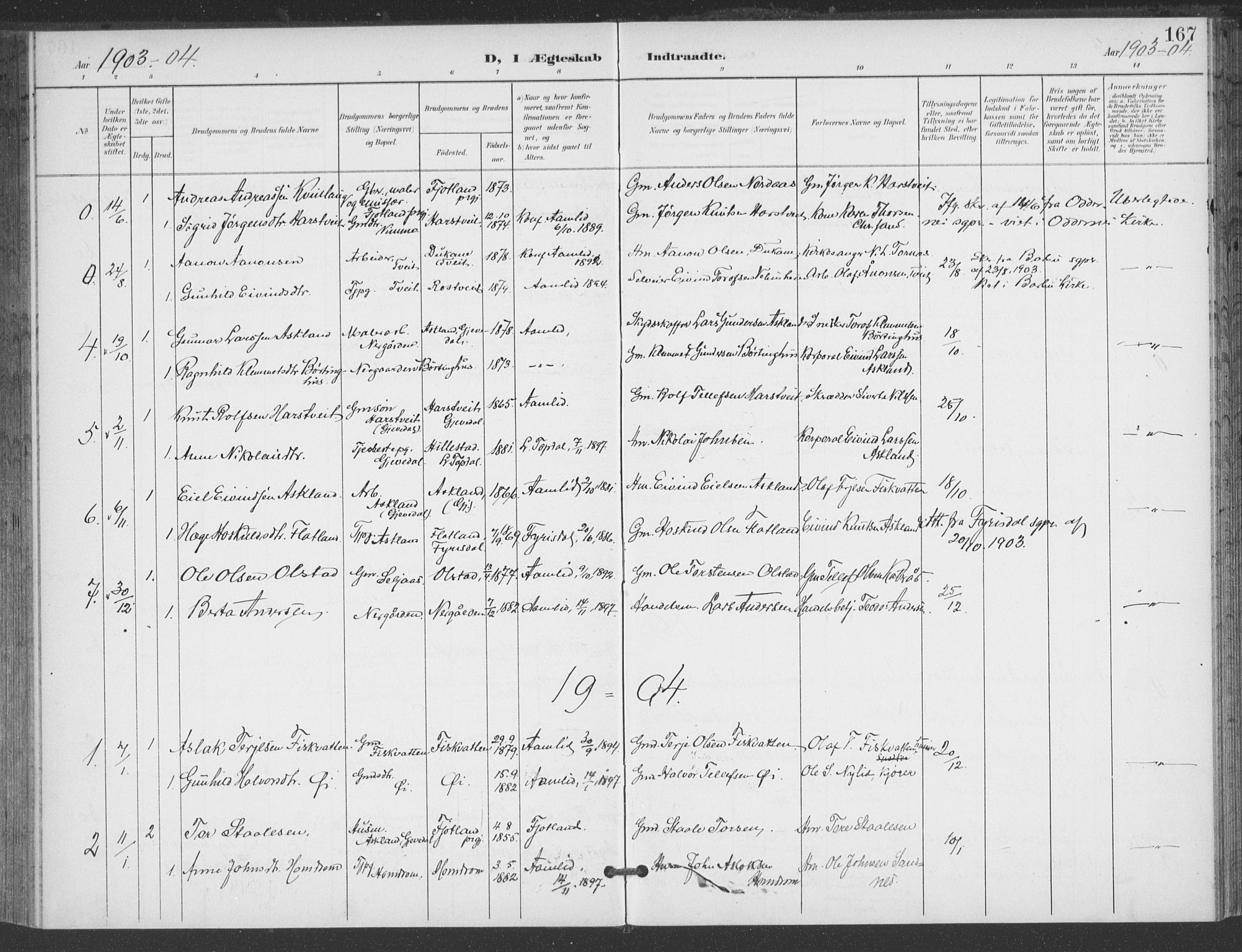 Åmli sokneprestkontor, AV/SAK-1111-0050/F/Fa/Fac/L0012: Parish register (official) no. A 12, 1900-1914, p. 167