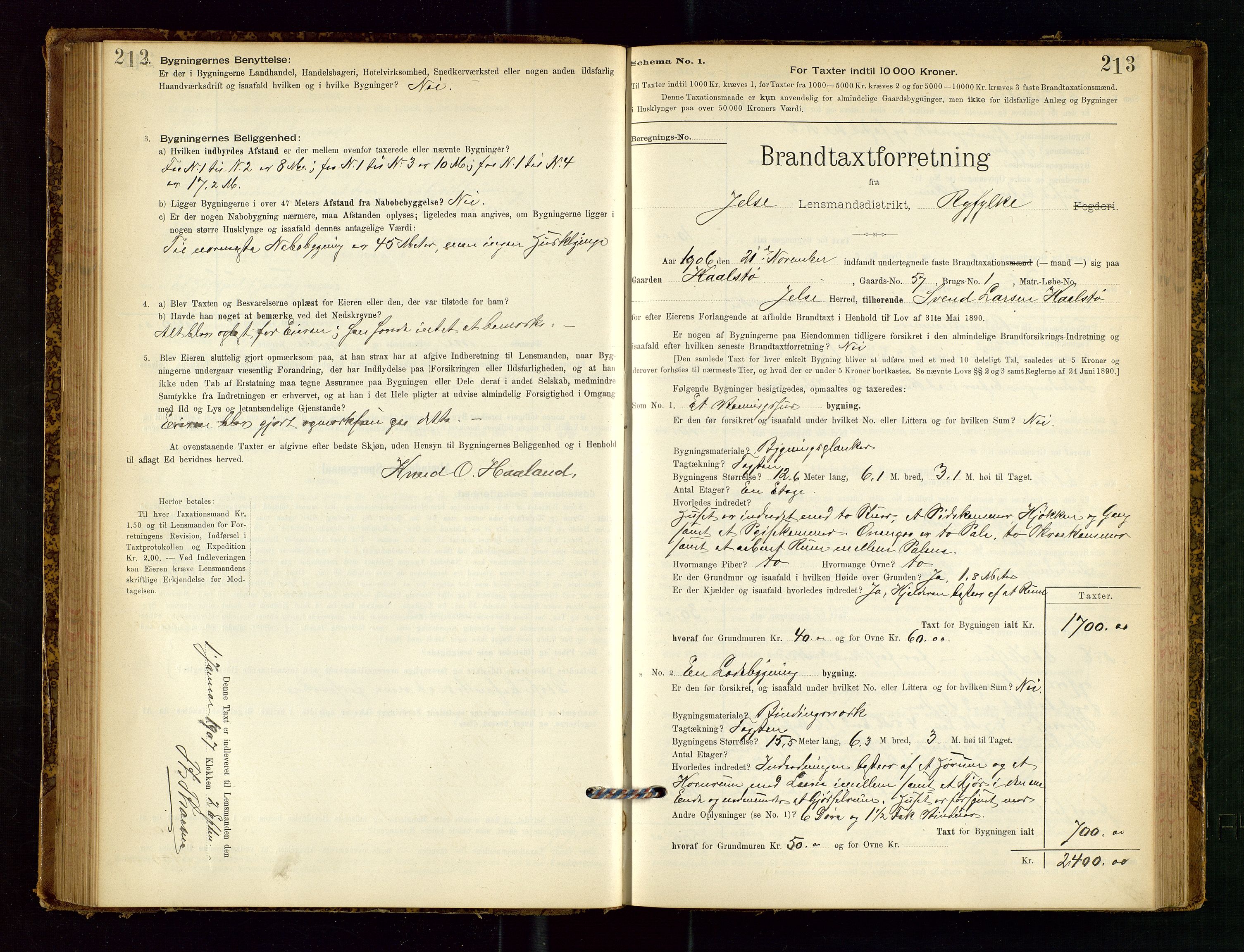 Jelsa lensmannskontor, SAST/A-100360/Gob/L0001: "Brandtaxationsprotocol", 1895-1918, p. 212-213