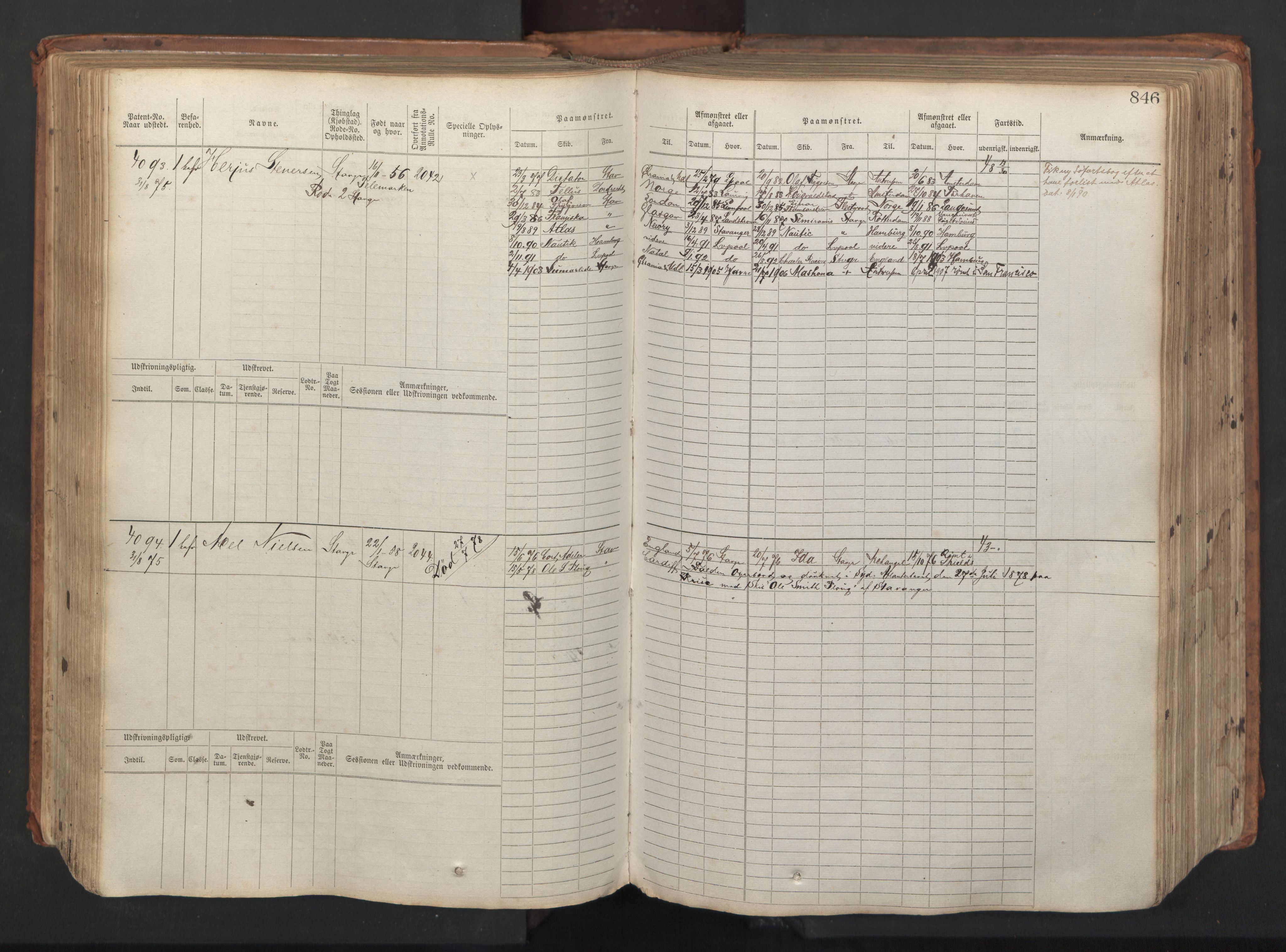 Stavanger sjømannskontor, AV/SAST-A-102006/F/Fb/Fbb/L0008: Sjøfartshovedrulle, patentnr. 3605-4804, 1873, p. 287