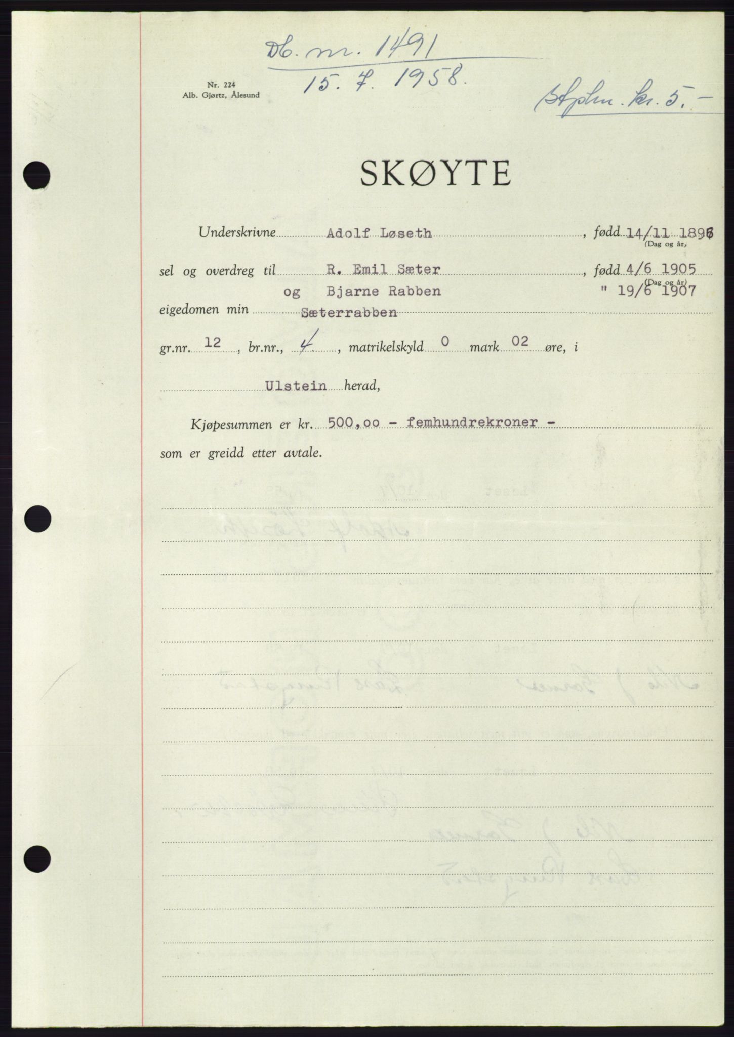 Søre Sunnmøre sorenskriveri, AV/SAT-A-4122/1/2/2C/L0110: Mortgage book no. 36A, 1958-1958, Diary no: : 1491/1958
