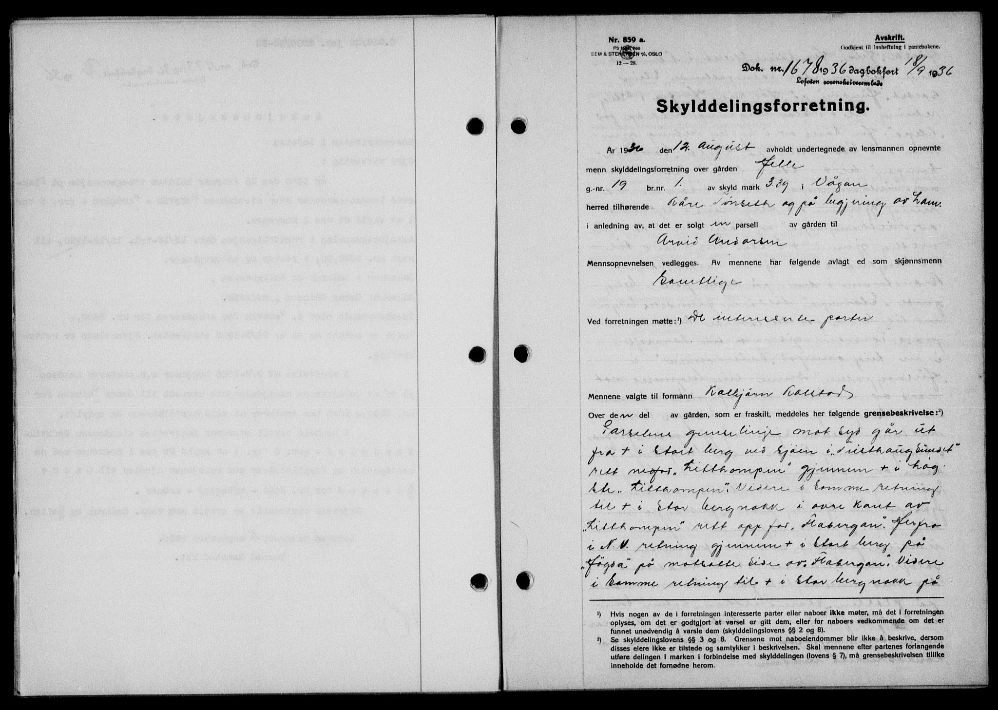 Lofoten sorenskriveri, SAT/A-0017/1/2/2C/L0001a: Mortgage book no. 1a, 1936-1937, Diary no: : 1678/1936