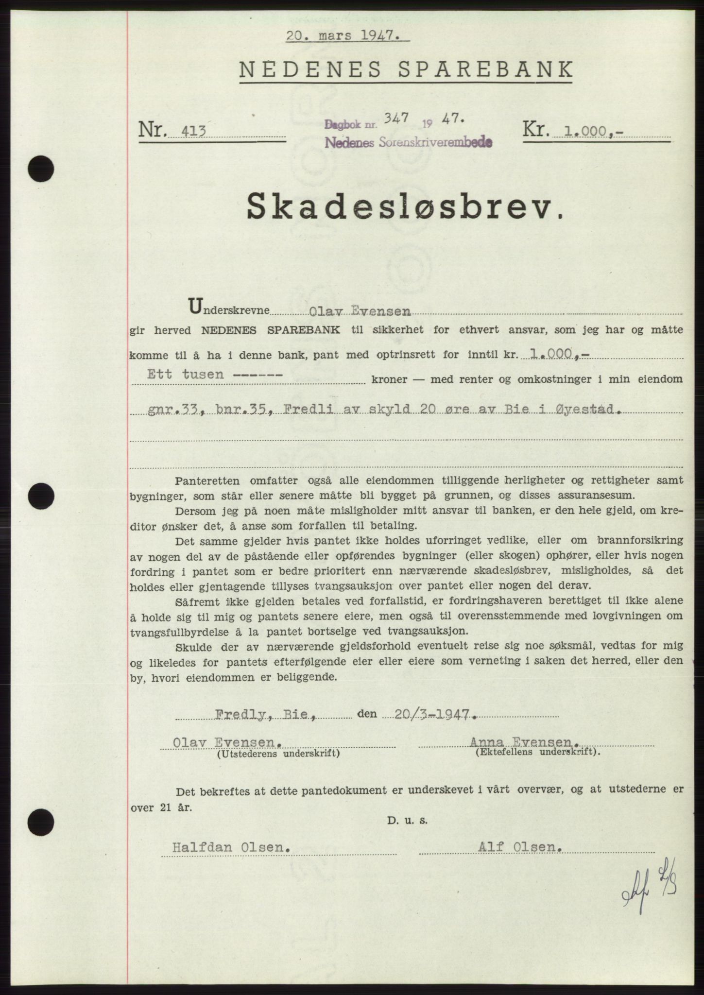 Nedenes sorenskriveri, AV/SAK-1221-0006/G/Gb/Gbb/L0004: Mortgage book no. B4, 1947-1947, Diary no: : 347/1947