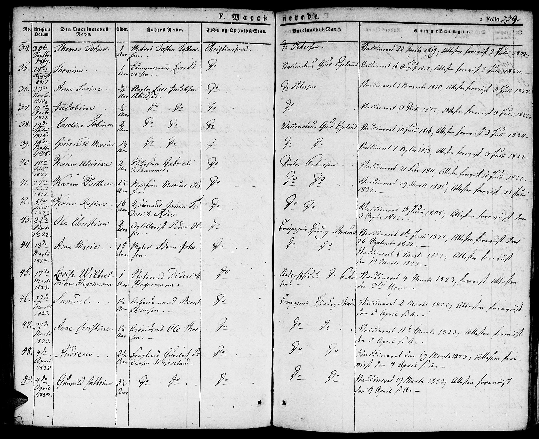 Kristiansand domprosti, AV/SAK-1112-0006/F/Fa/L0009: Parish register (official) no. A 9, 1821-1827, p. 339
