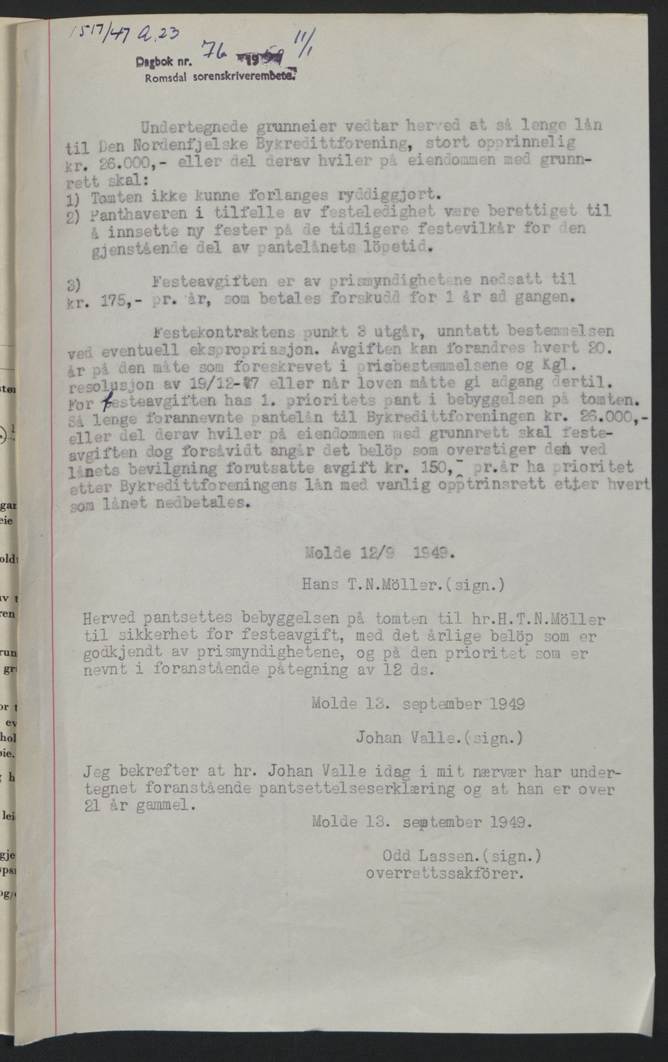 Romsdal sorenskriveri, AV/SAT-A-4149/1/2/2C: Mortgage book no. A23, 1947-1947, Diary no: : 1517/1947