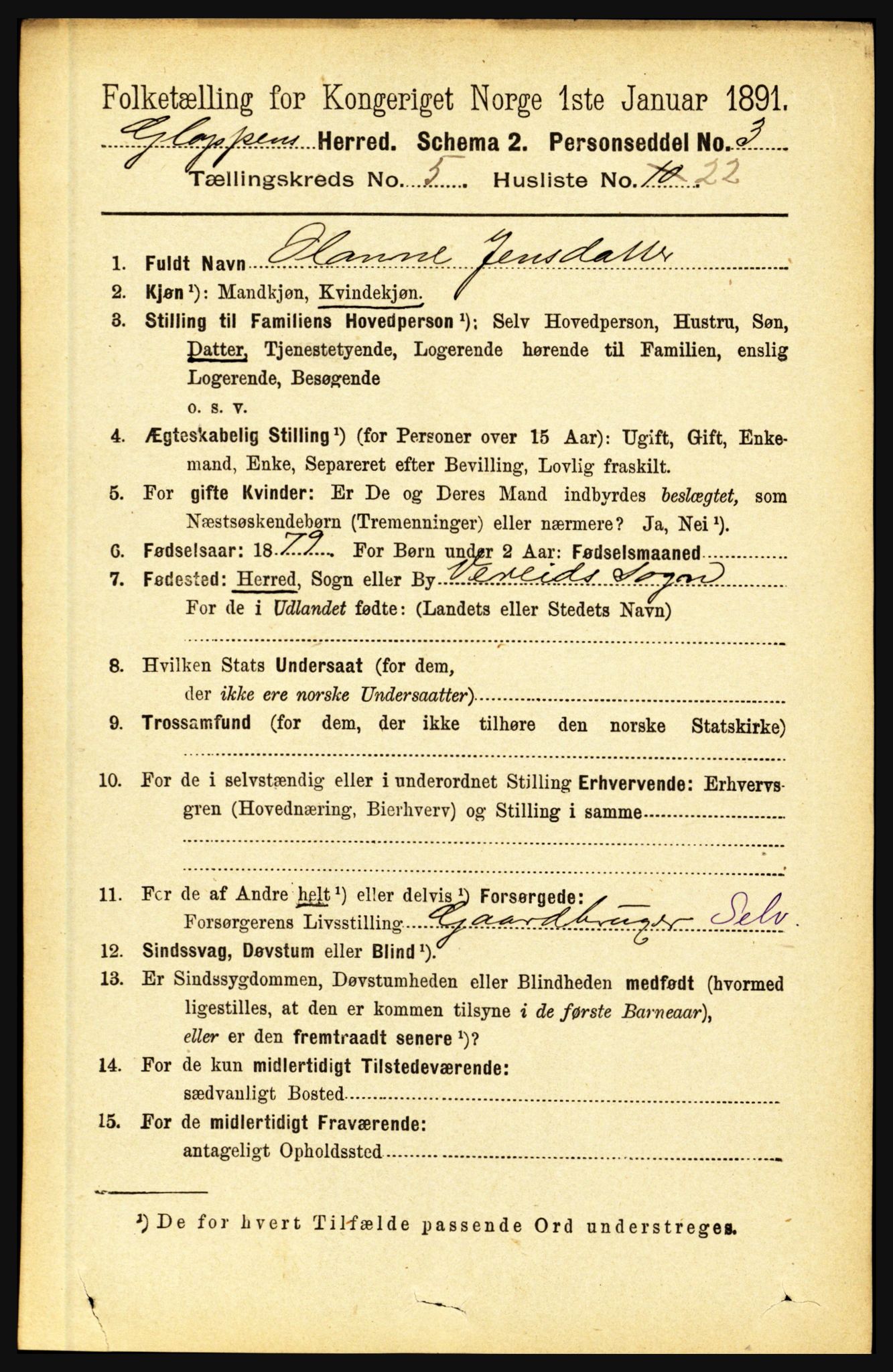 RA, 1891 census for 1445 Gloppen, 1891, p. 2197