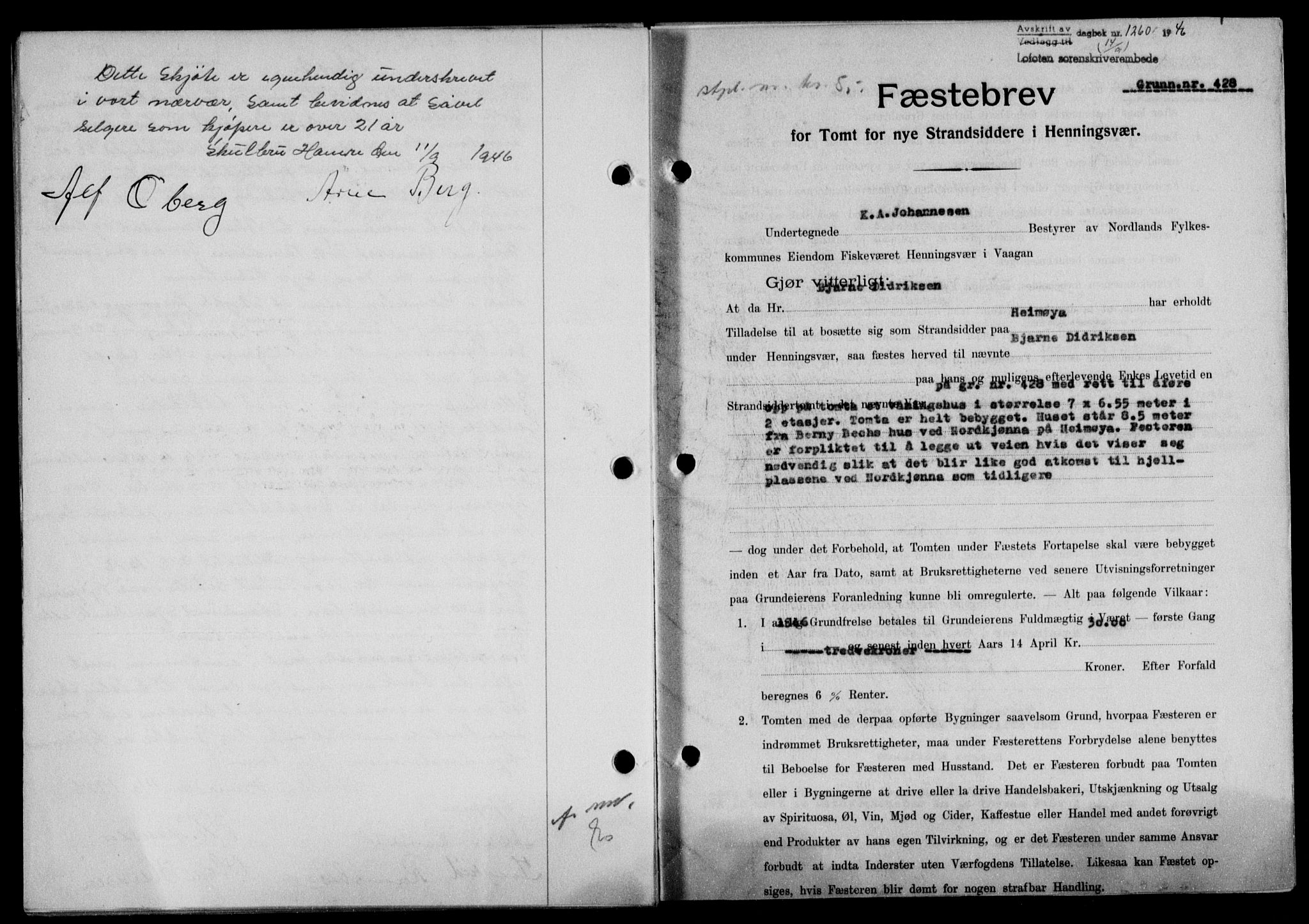 Lofoten sorenskriveri, SAT/A-0017/1/2/2C/L0014a: Mortgage book no. 14a, 1946-1946, Diary no: : 1260/1946