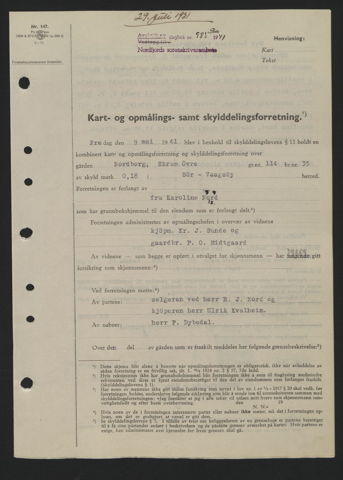 Nordfjord sorenskriveri, AV/SAB-A-2801/02/02b/02bj/L0006: Mortgage book no. A6, 1940-1941, Diary no: : 985/1941