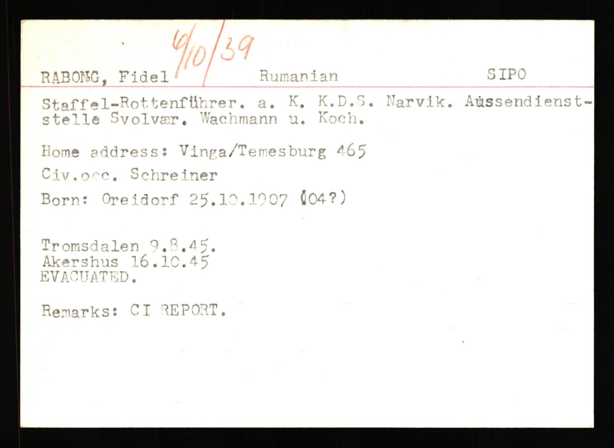 Forsvaret, Forsvarets overkommando II, AV/RA-RAFA-3915/D/Db/L0041: CI Questionaires.  Diverse nasjonaliteter., 1945-1946, p. 140