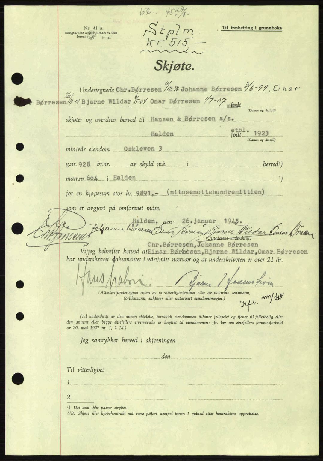 Idd og Marker sorenskriveri, AV/SAO-A-10283/G/Gb/Gbb/L0007: Mortgage book no. A7, 1944-1945, Diary no: : 67/1945