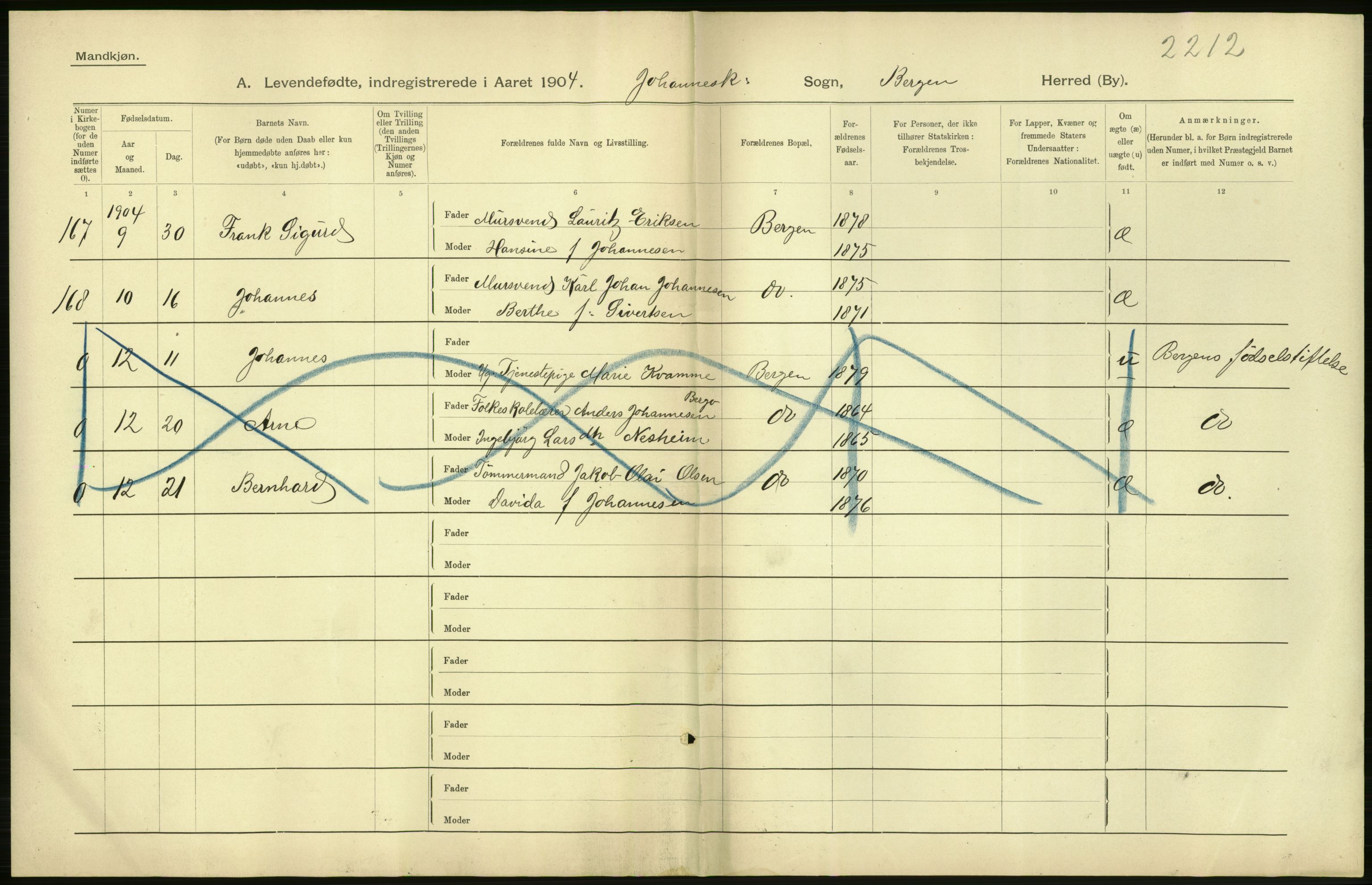 Statistisk sentralbyrå, Sosiodemografiske emner, Befolkning, AV/RA-S-2228/D/Df/Dfa/Dfab/L0014: Bergen: Fødte, gifte, døde, 1904, p. 6