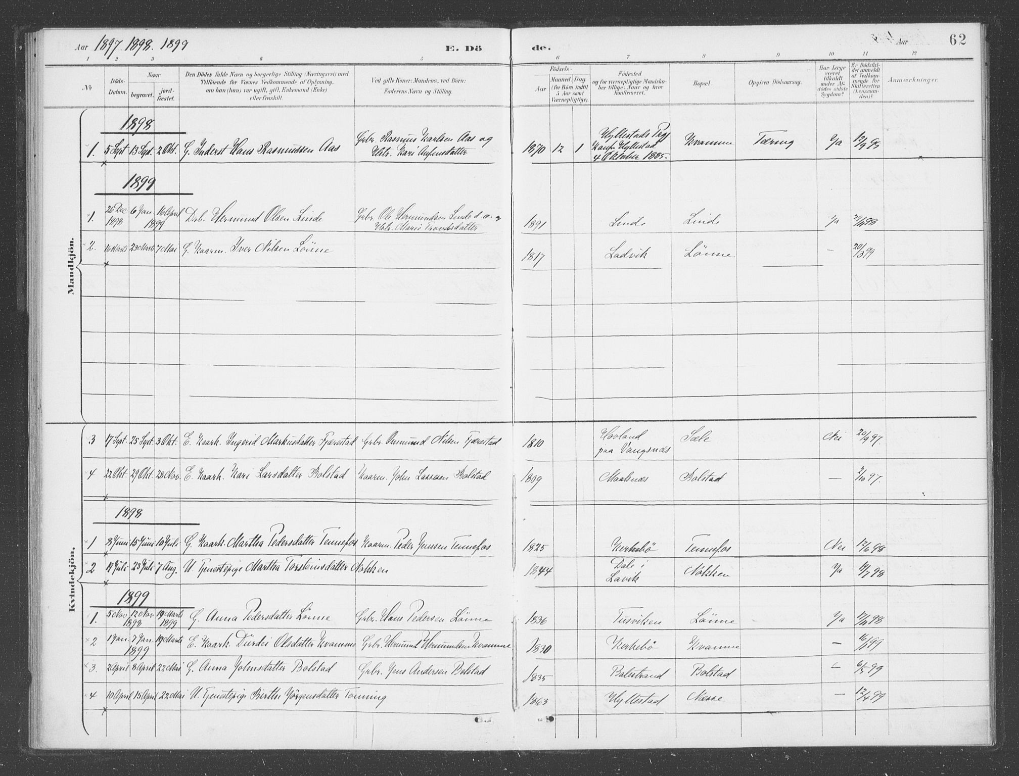 Vik sokneprestembete, AV/SAB-A-81501/H/Haa/Haad/L0002: Parish register (official) no. D  2, 1891-1907, p. 62