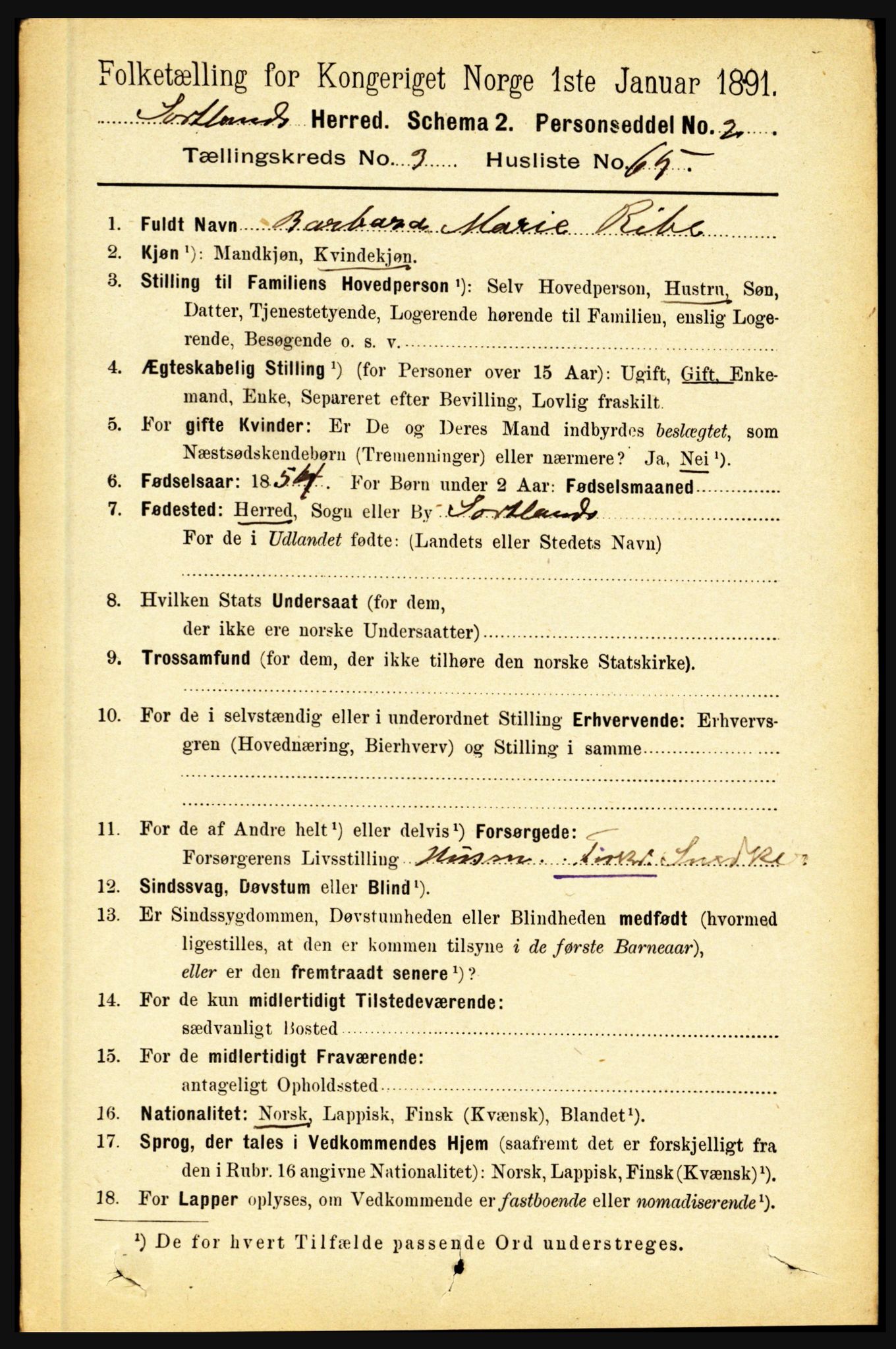 RA, 1891 census for 1870 Sortland, 1891, p. 2656