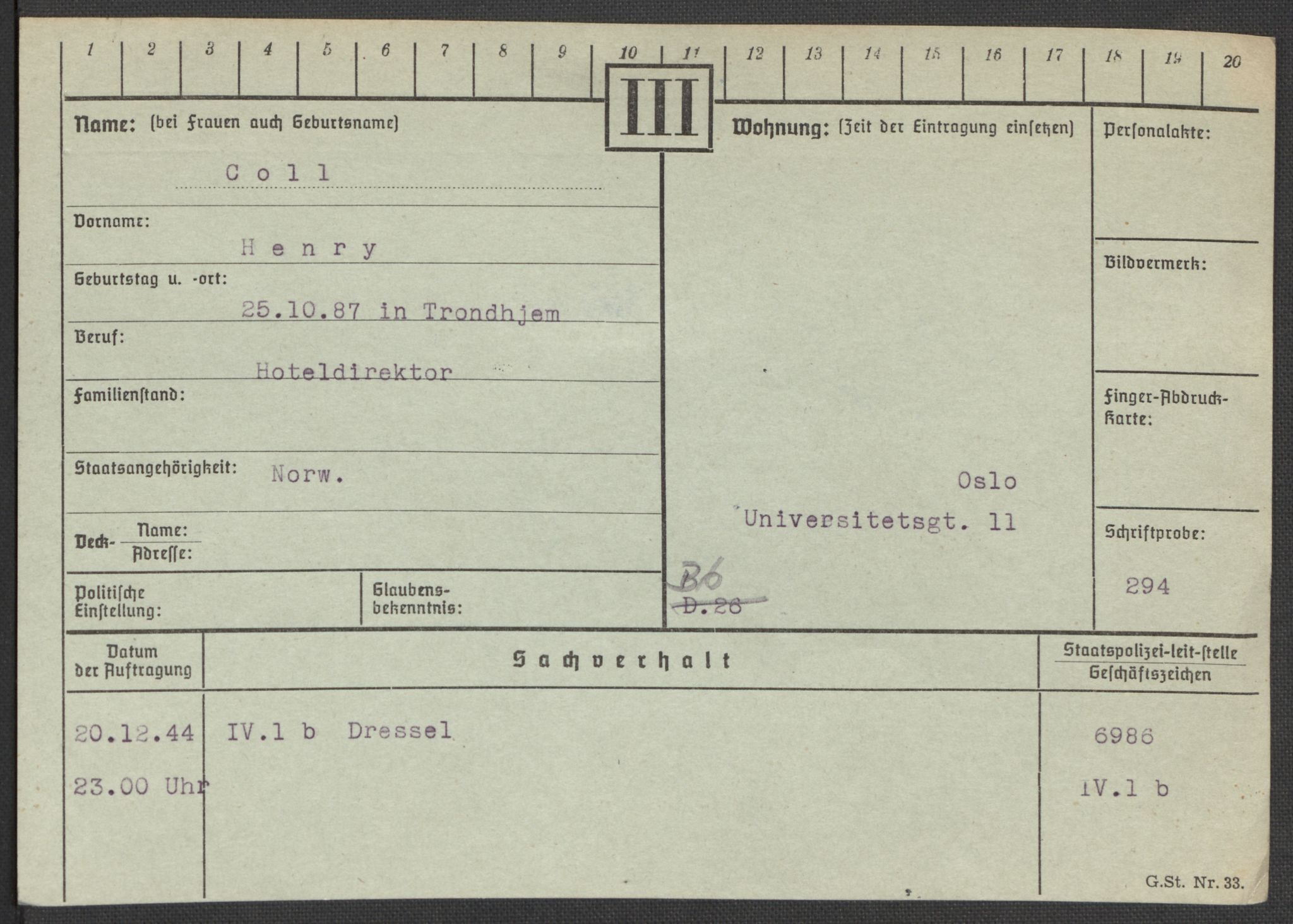 Befehlshaber der Sicherheitspolizei und des SD, AV/RA-RAFA-5969/E/Ea/Eaa/L0002: Register over norske fanger i Møllergata 19: Bj-Eng, 1940-1945, p. 819