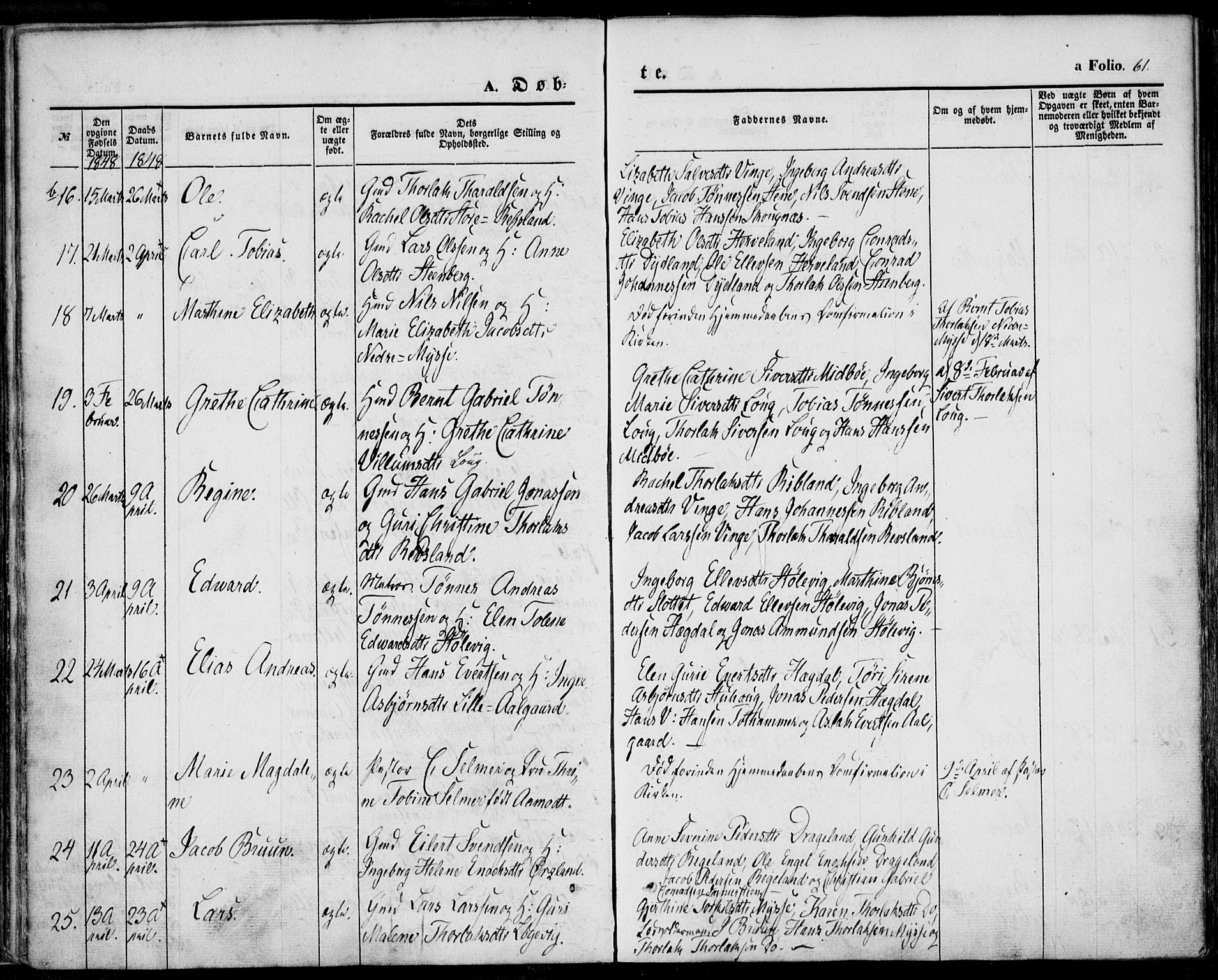 Sokndal sokneprestkontor, SAST/A-101808: Parish register (official) no. A 8.1, 1842-1857, p. 61