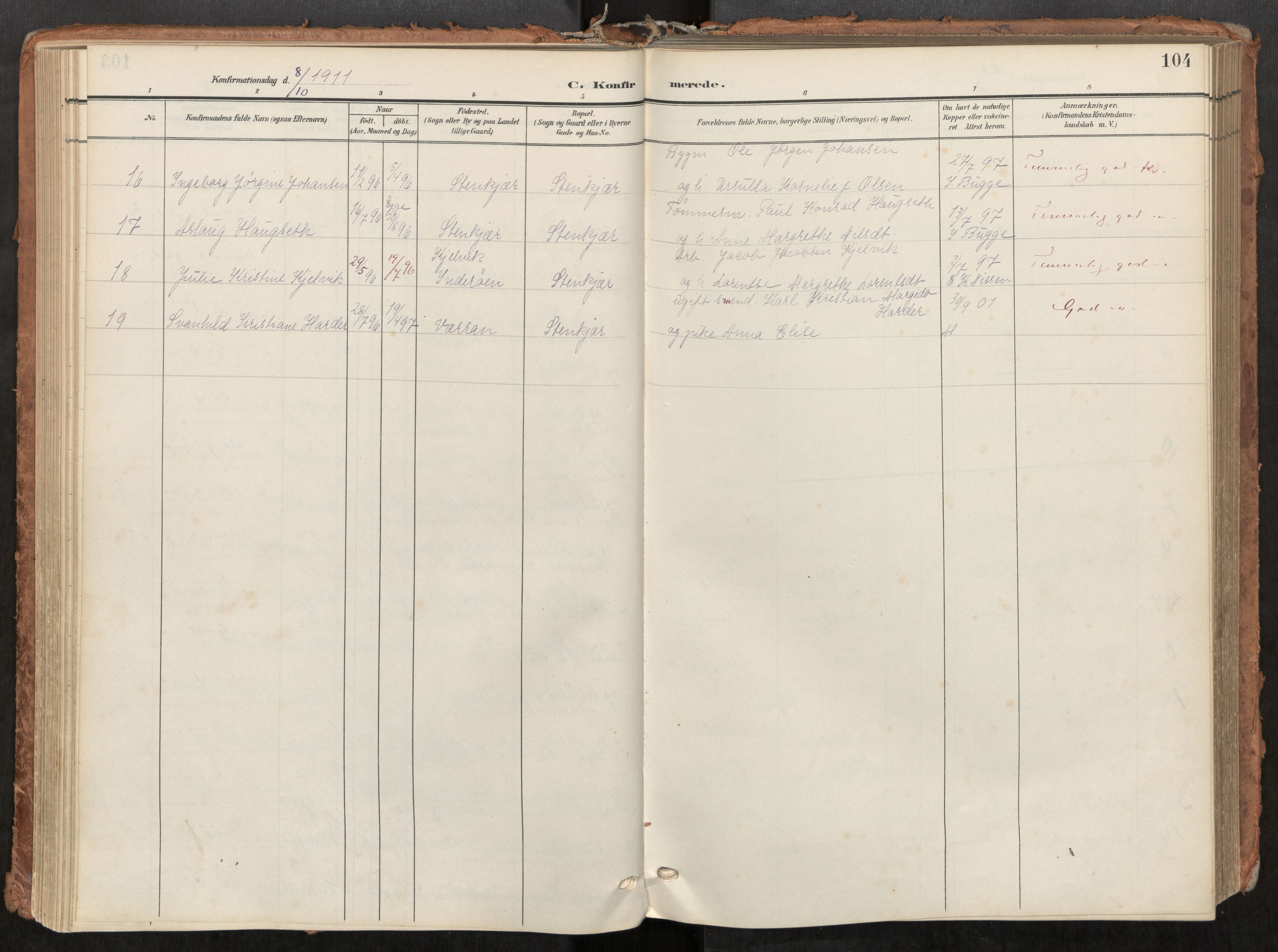 Steinkjer sokneprestkontor, AV/SAT-A-1541/01/H/Ha/Haa/L0001: Parish register (official) no. 1, 1904-1912, p. 104