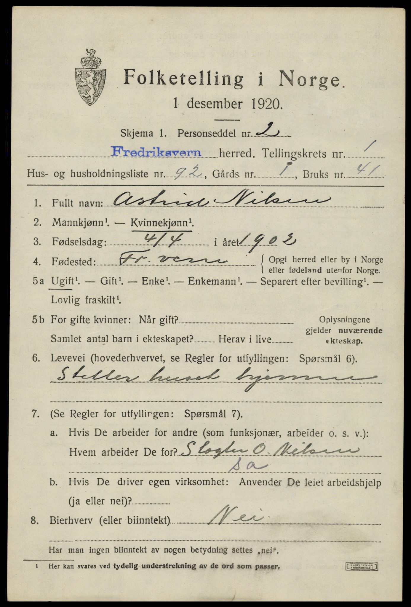 SAKO, 1920 census for Fredriksvern, 1920, p. 963