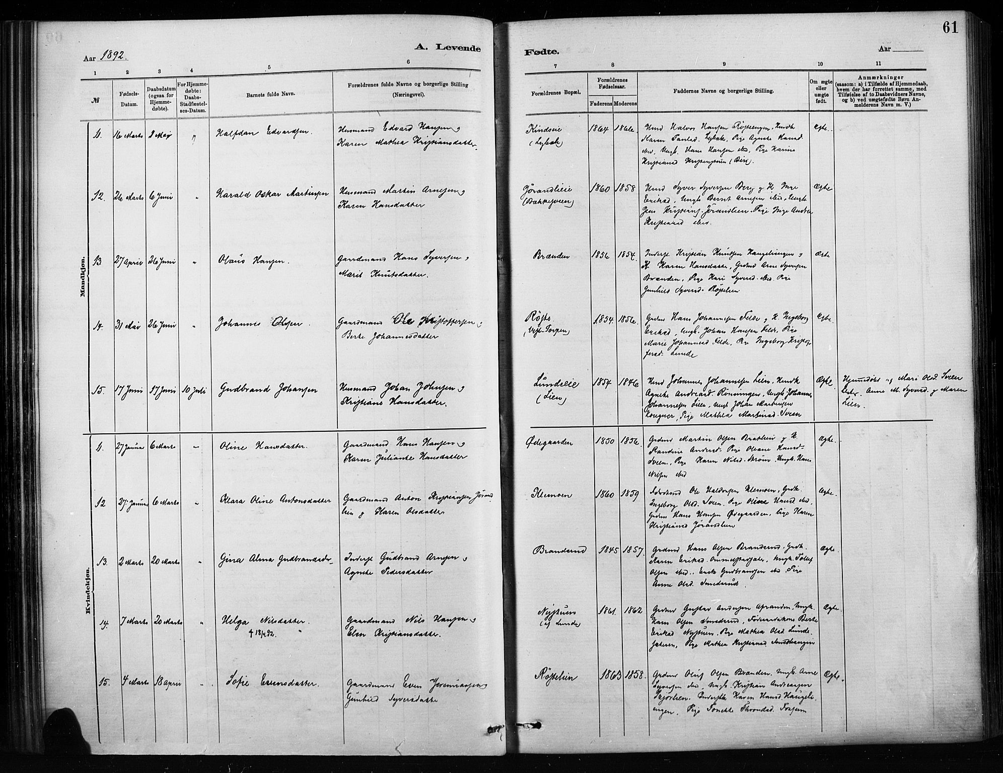 Nordre Land prestekontor, AV/SAH-PREST-124/H/Ha/Haa/L0004: Parish register (official) no. 4, 1882-1896, p. 61