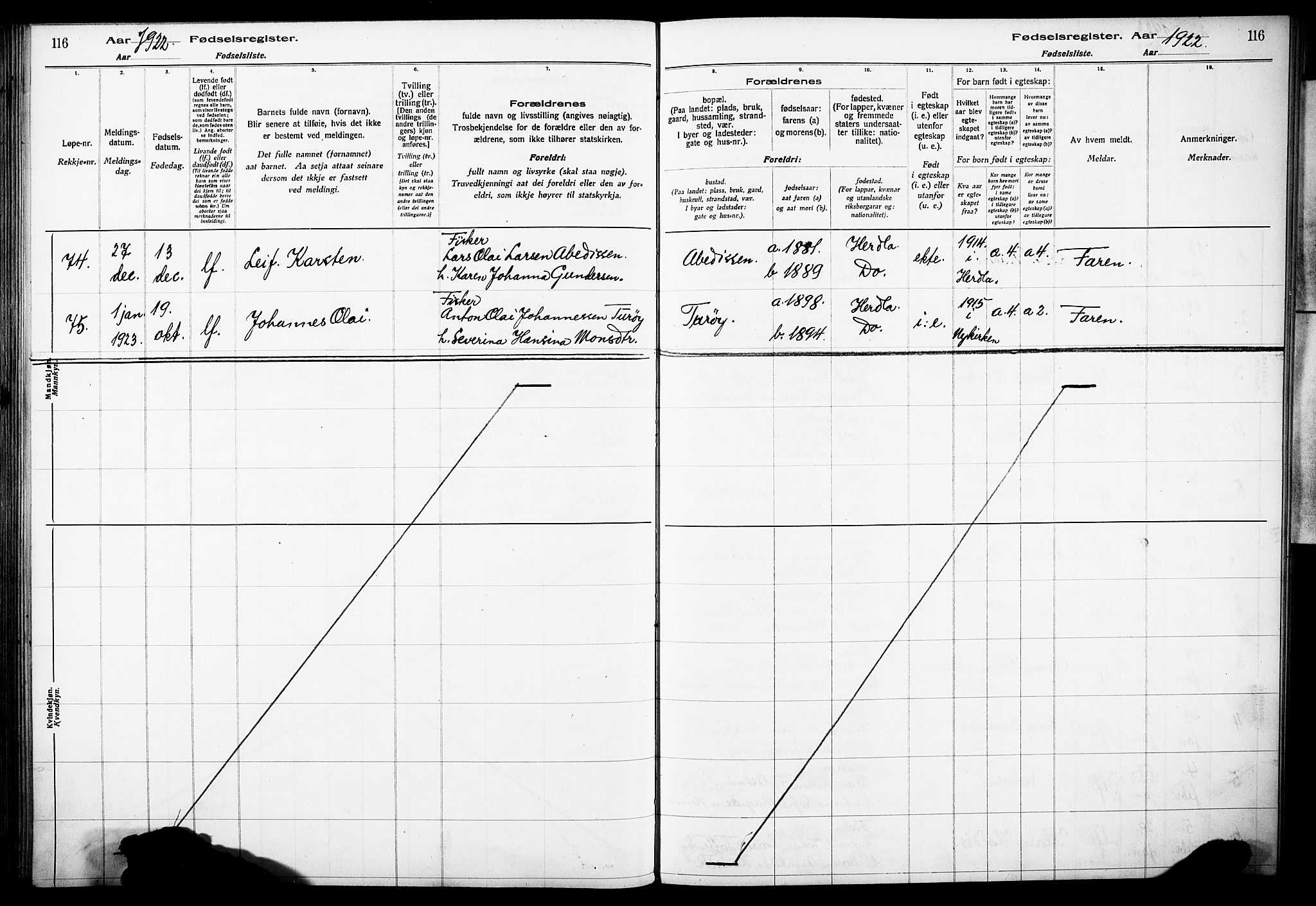 Herdla Sokneprestembete, AV/SAB-A-75701/I/Id/L00A1: Birth register no. A 1, 1916-1929, p. 116