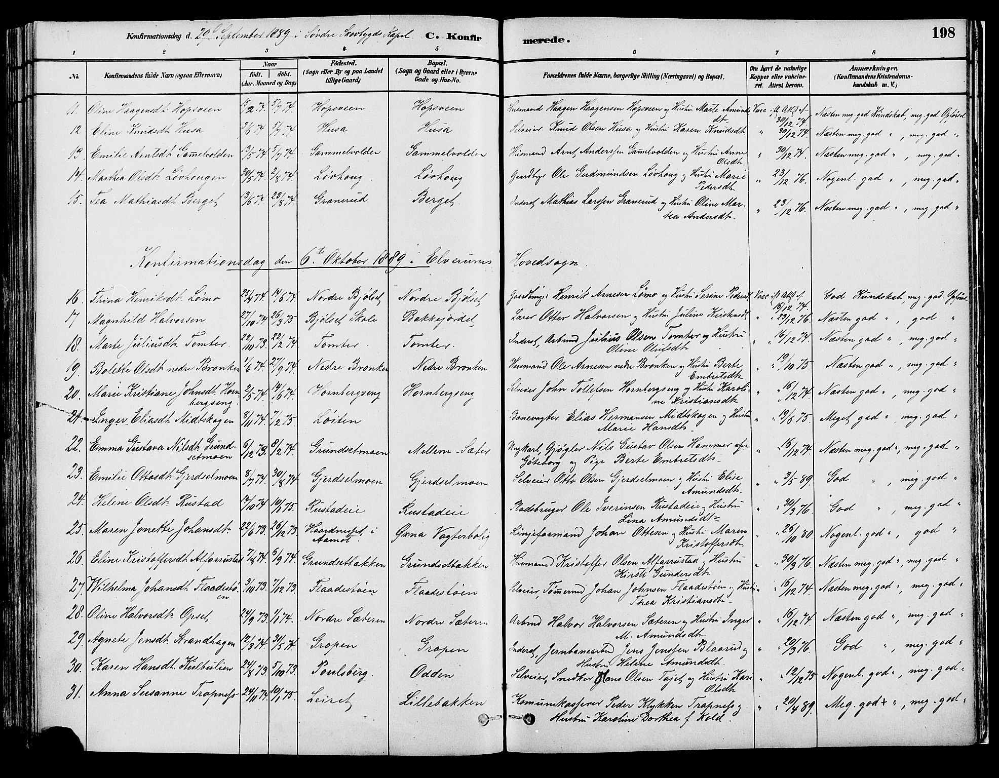 Elverum prestekontor, AV/SAH-PREST-044/H/Ha/Haa/L0013: Parish register (official) no. 13, 1880-1890, p. 198