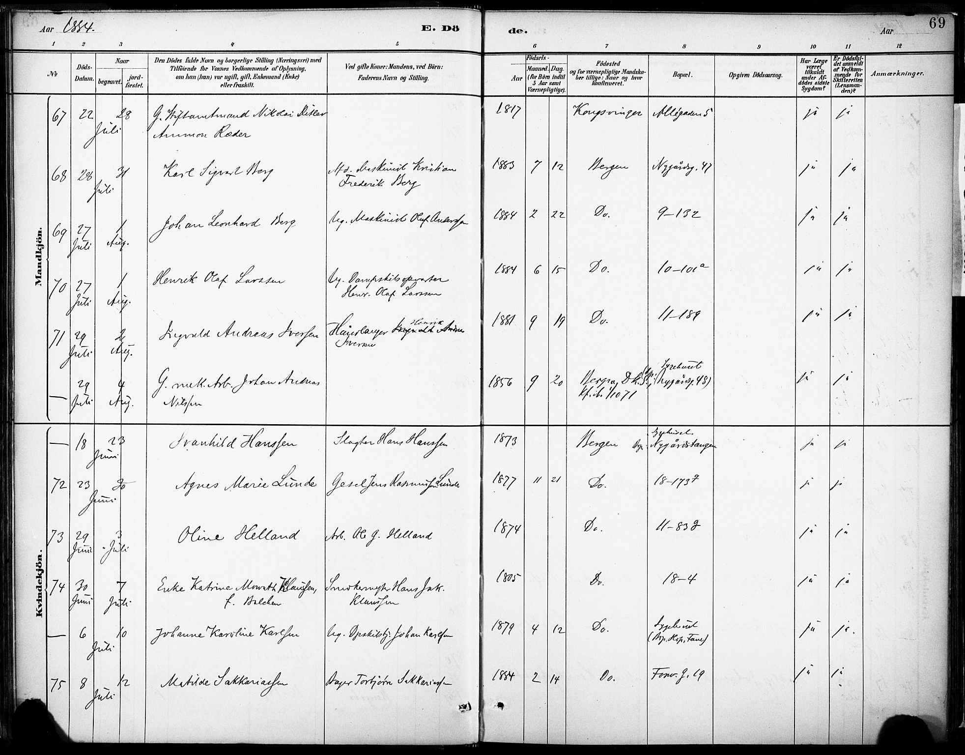 Domkirken sokneprestembete, AV/SAB-A-74801/H/Haa/L0043: Parish register (official) no. E 5, 1882-1904, p. 69