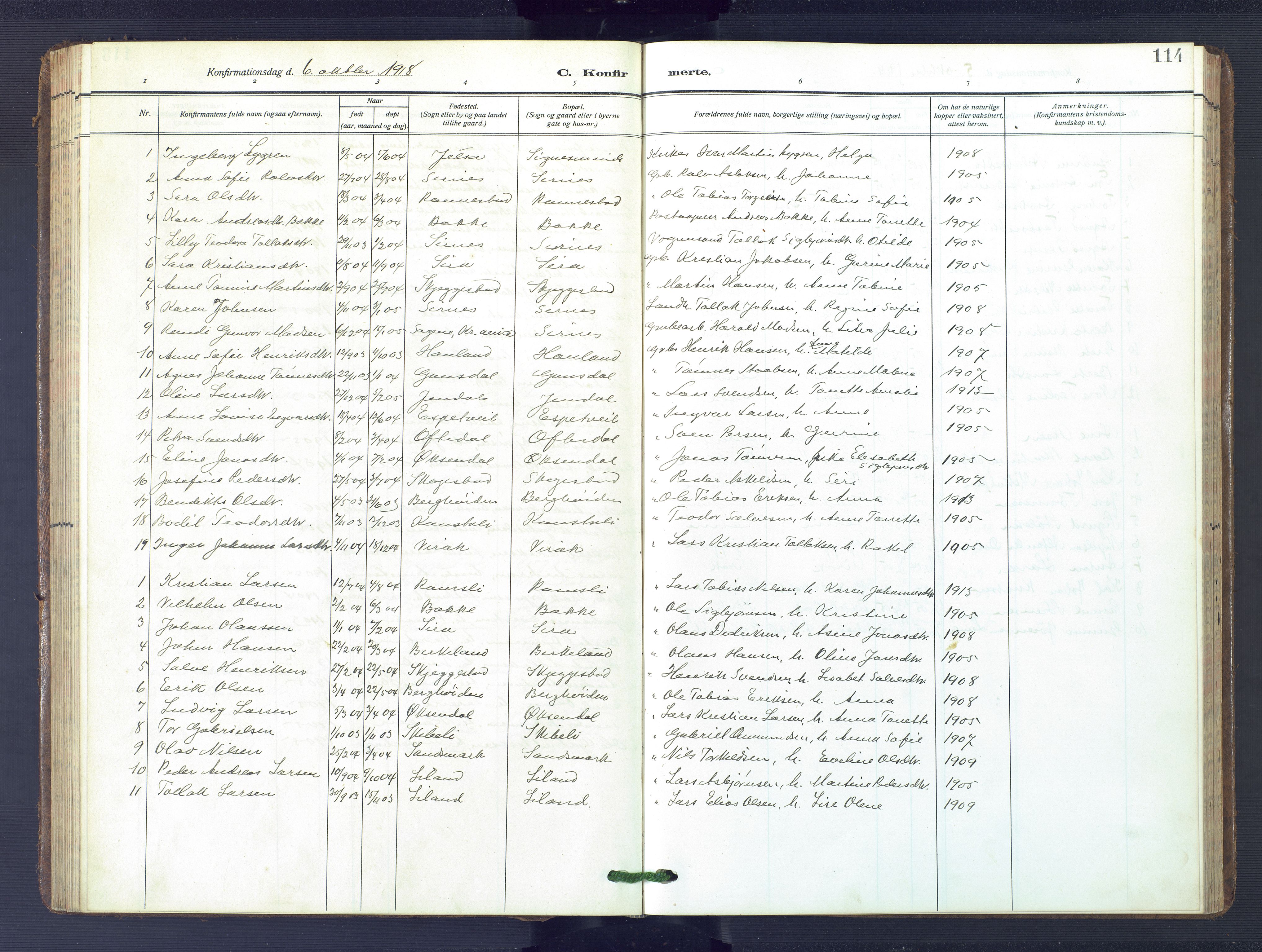 Bakke sokneprestkontor, SAK/1111-0002/F/Fb/Fba/L0004: Parish register (copy) no. B 4, 1911-1946, p. 114