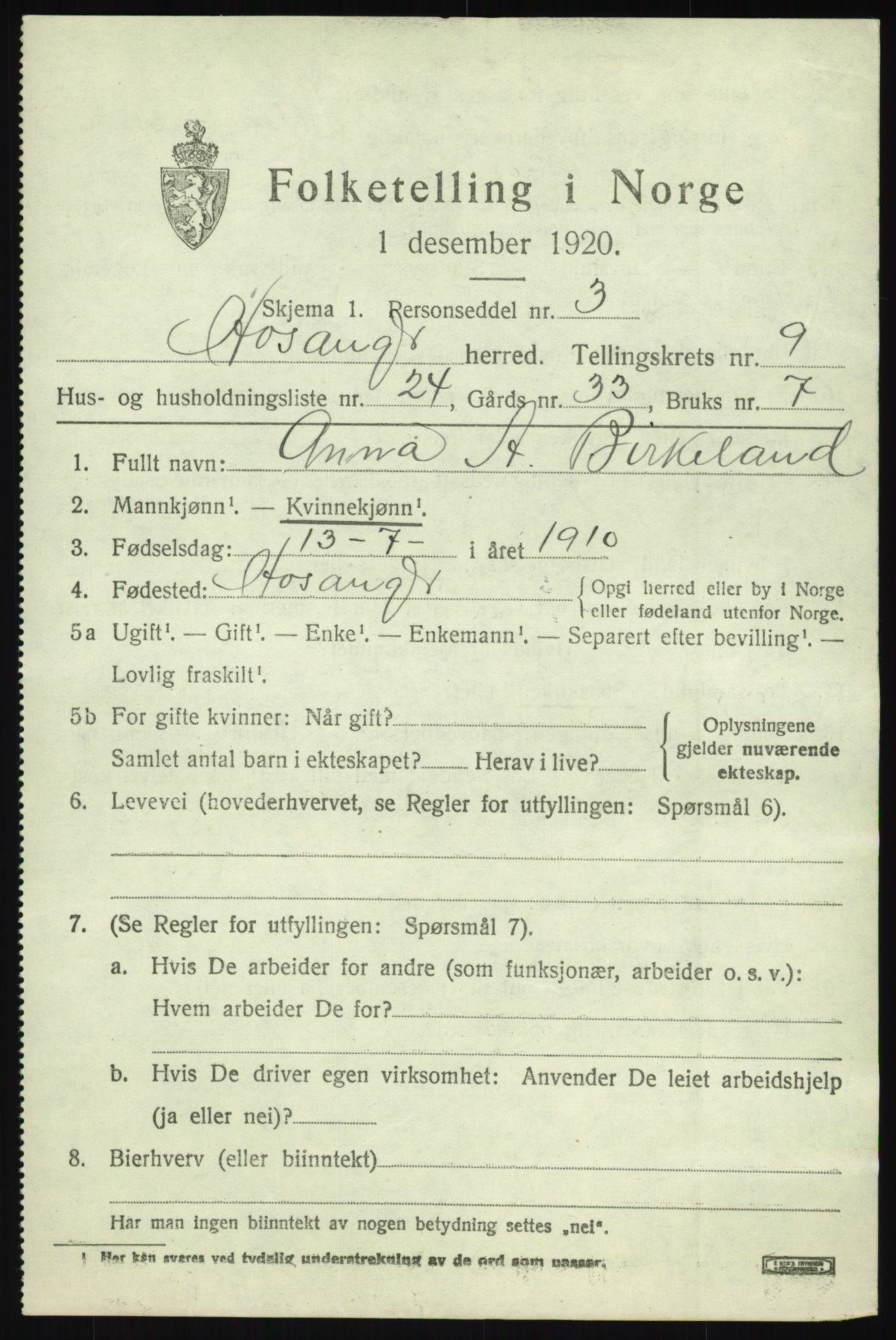 SAB, 1920 census for Hosanger, 1920, p. 4183