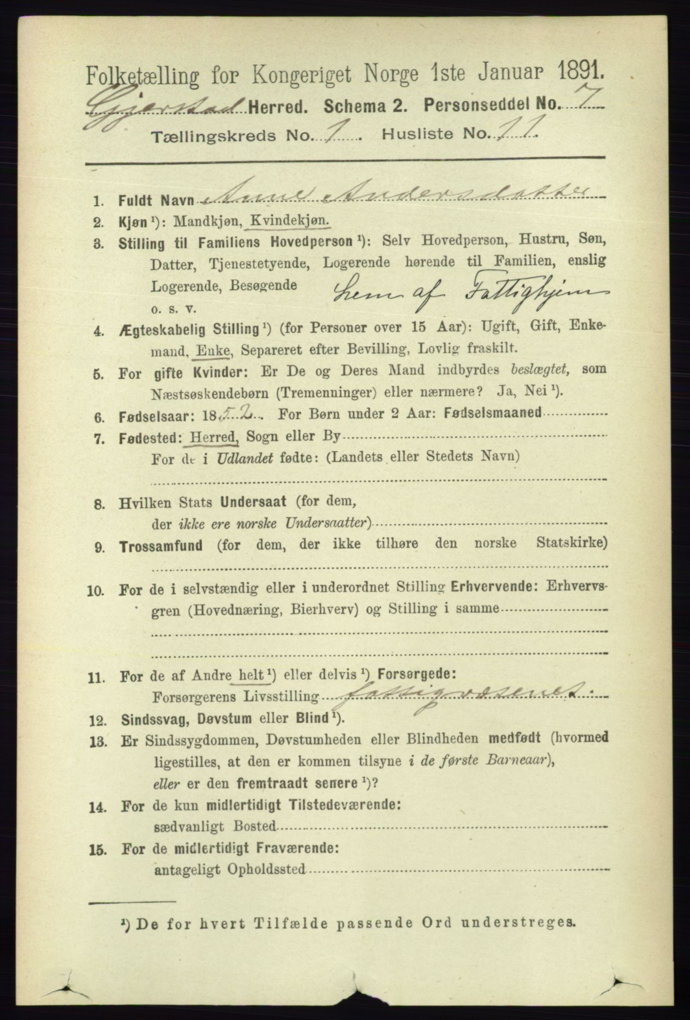 RA, 1891 census for 0911 Gjerstad, 1891, p. 170