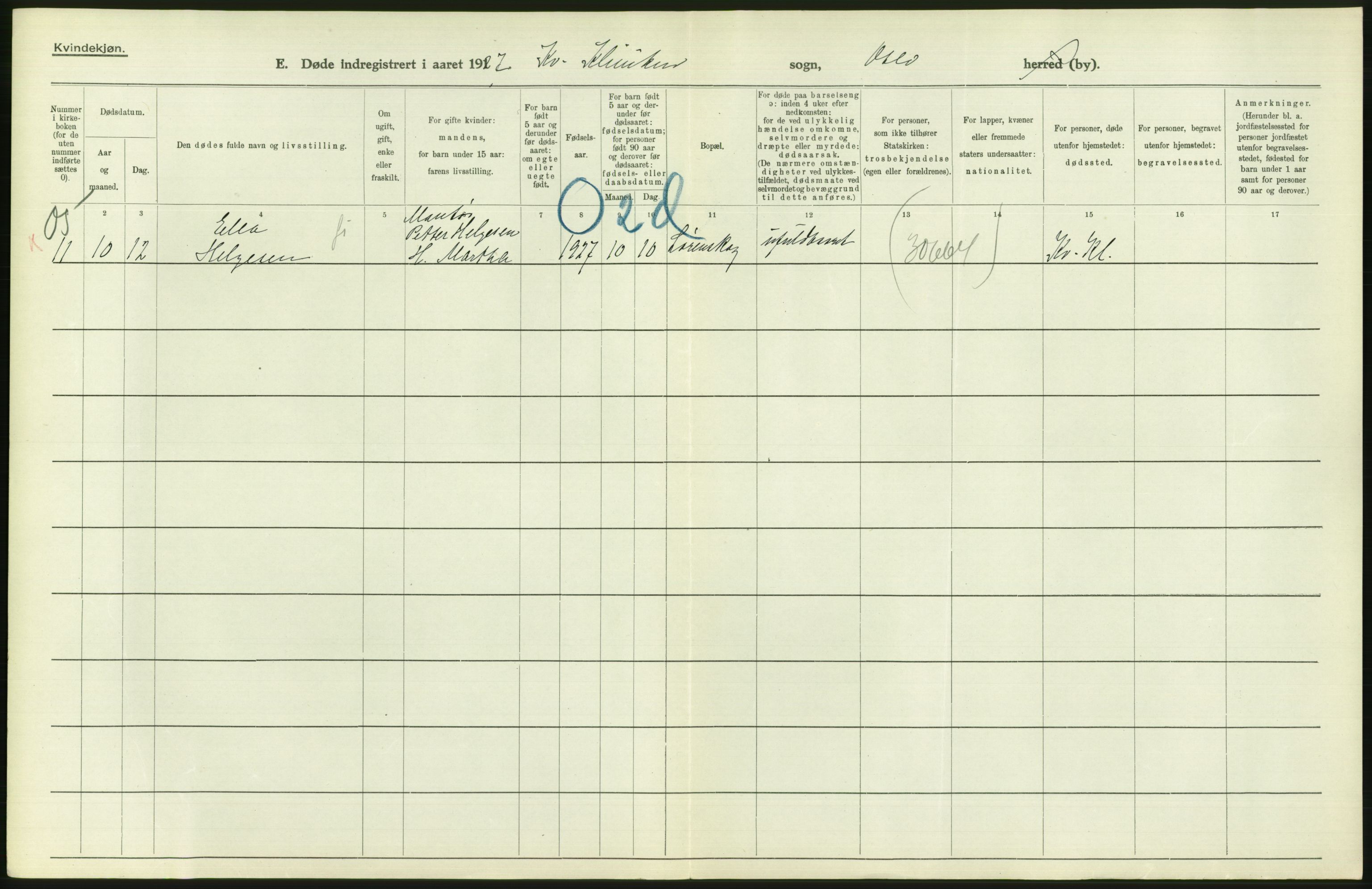 Statistisk sentralbyrå, Sosiodemografiske emner, Befolkning, AV/RA-S-2228/D/Df/Dfc/Dfcg/L0010: Oslo: Døde kvinner, dødfødte, 1927, p. 618