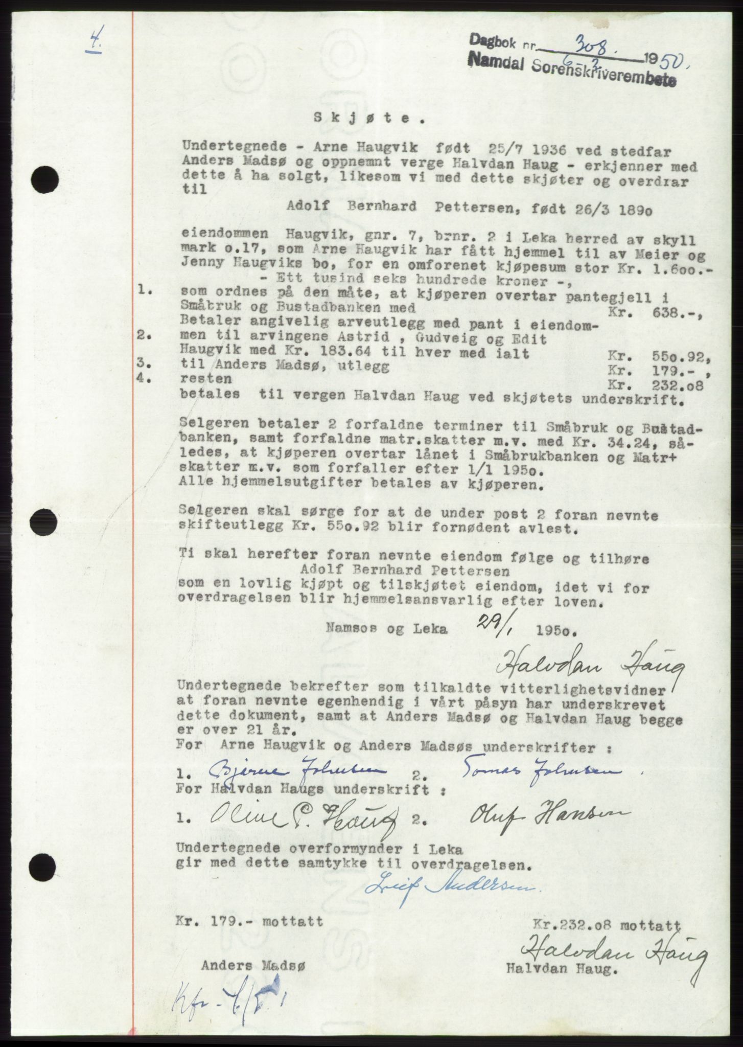 Namdal sorenskriveri, AV/SAT-A-4133/1/2/2C: Mortgage book no. -, 1950-1950, Diary no: : 308/1950