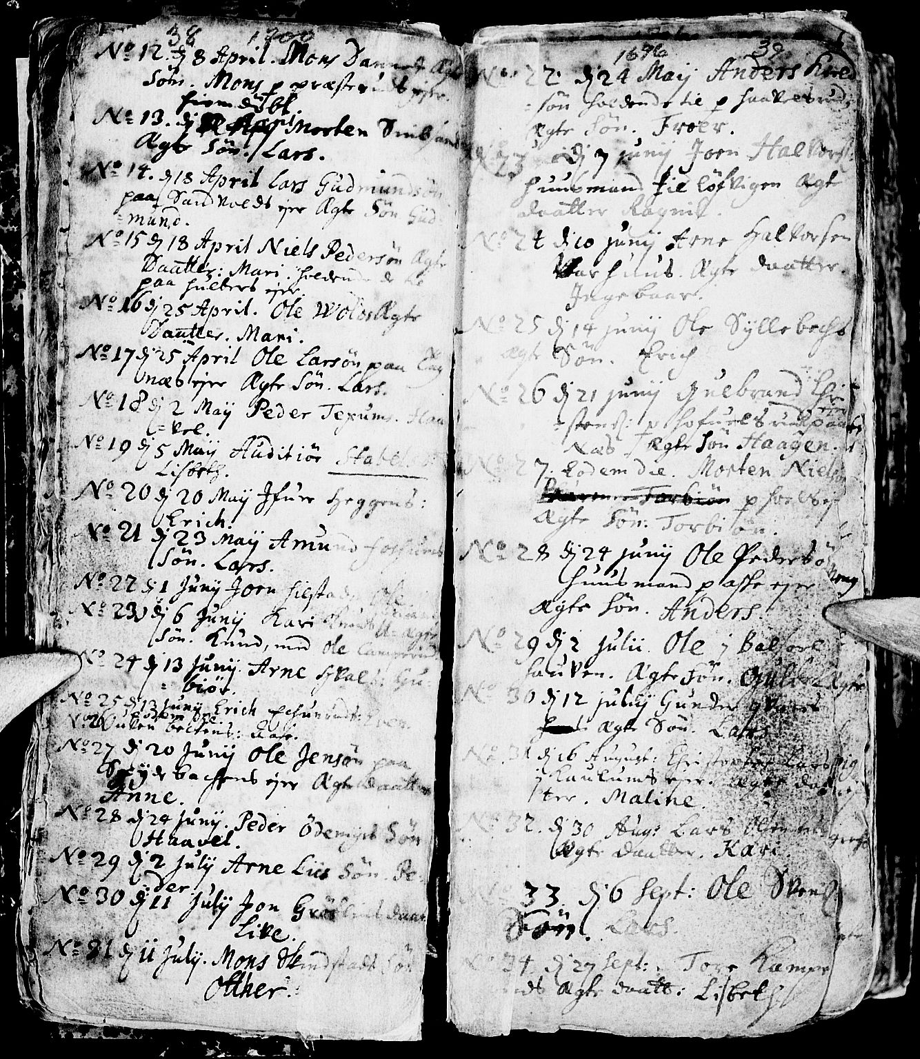 Nes prestekontor, Hedmark, AV/SAH-PREST-020/L/La/L0001: Parish register (copy) no. 1, 1663-1784, p. 38-39