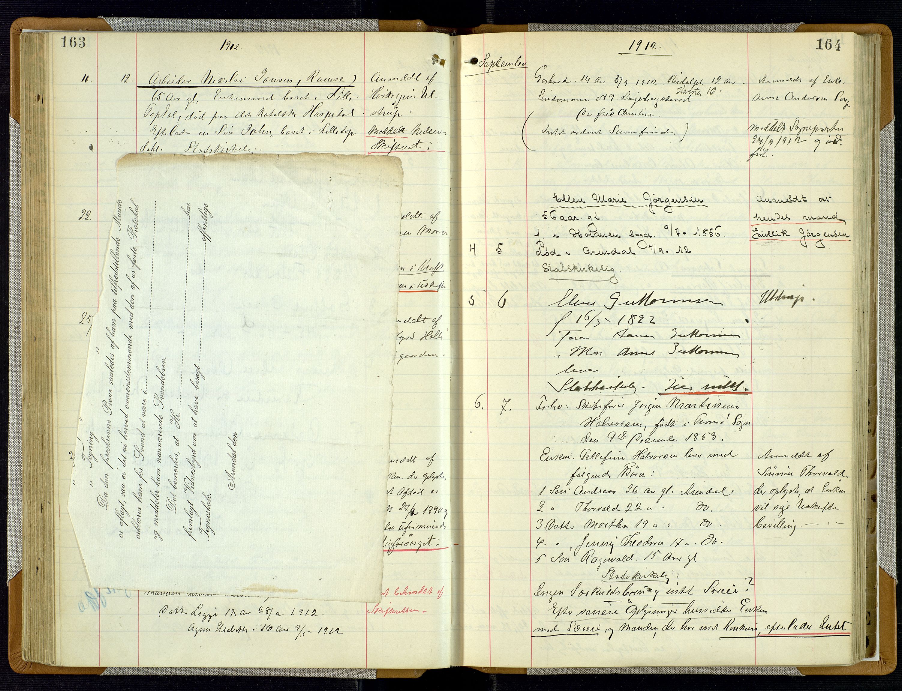Arendal byfogd, AV/SAK-1222-0001/H/Ha/L0003: Dødsfallsprotokoll, 1908-1917, p. 163-164