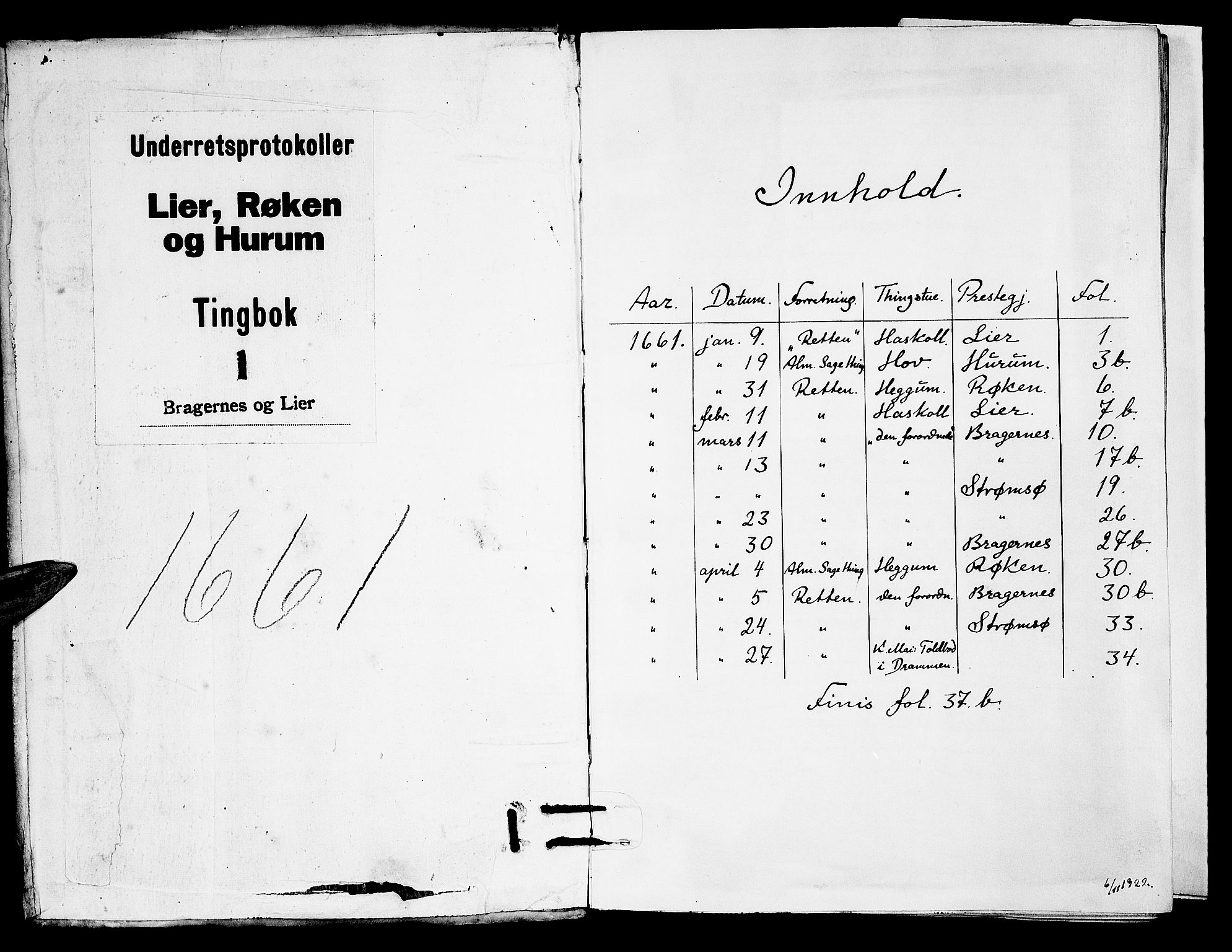 Lier, Røyken og Hurum sorenskriveri, SAKO/A-89/F/Fa/L0002: Tingbok, 1661