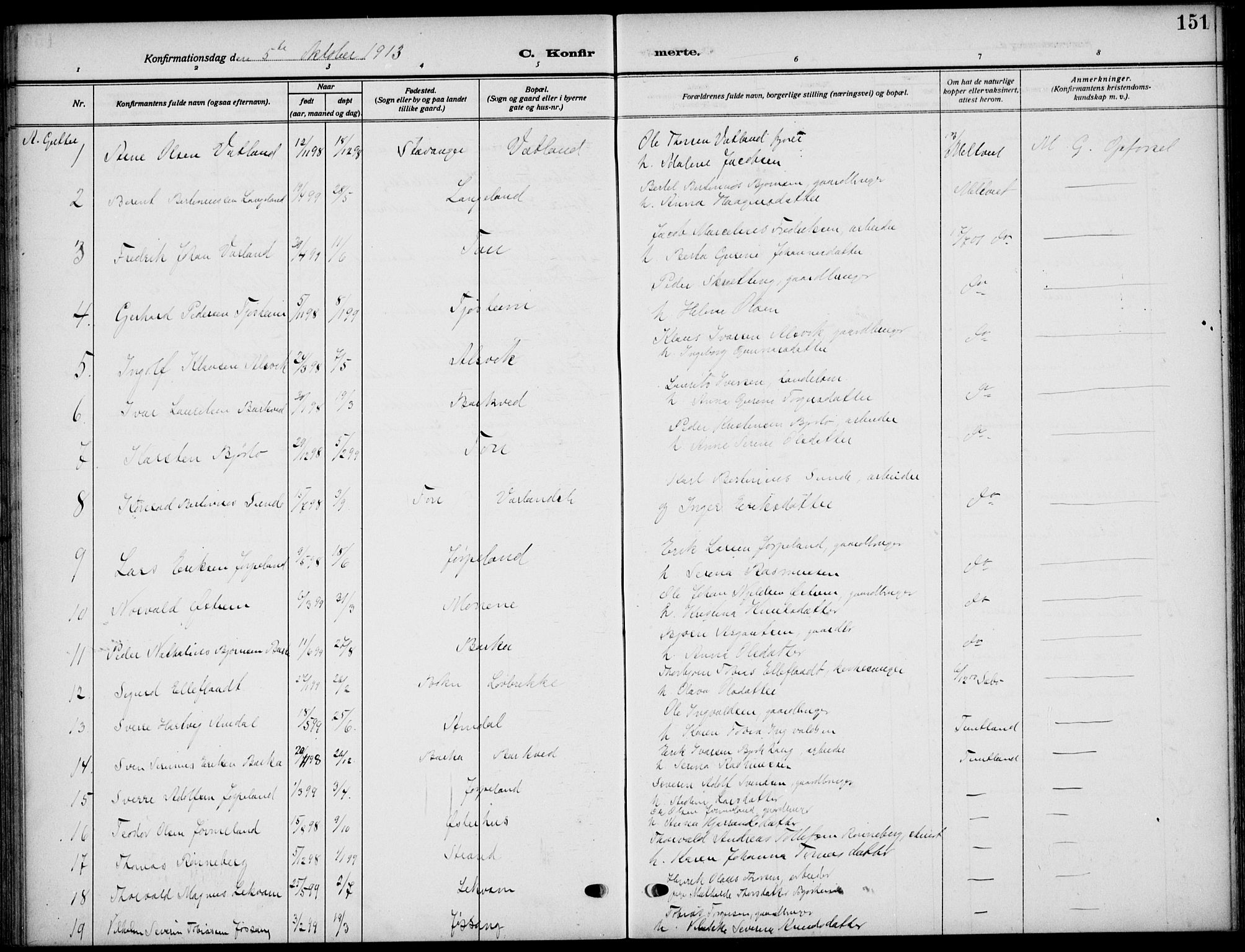 Strand sokneprestkontor, AV/SAST-A-101828/H/Ha/Haa/L0011: Parish register (official) no. A 11, 1908-1930, p. 151