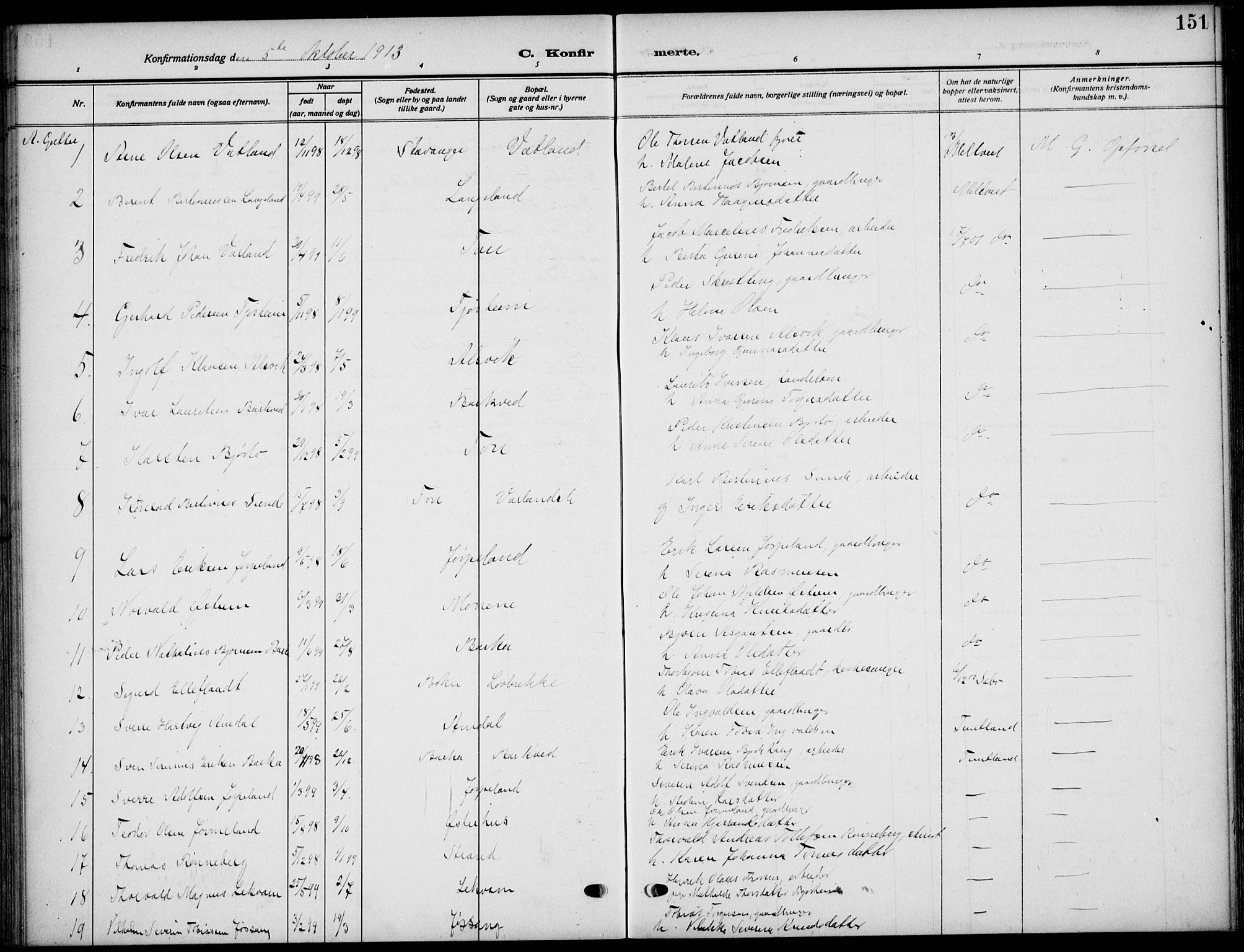 Strand sokneprestkontor, SAST/A-101828/H/Ha/Haa/L0011: Parish register (official) no. A 11, 1908-1930, p. 151