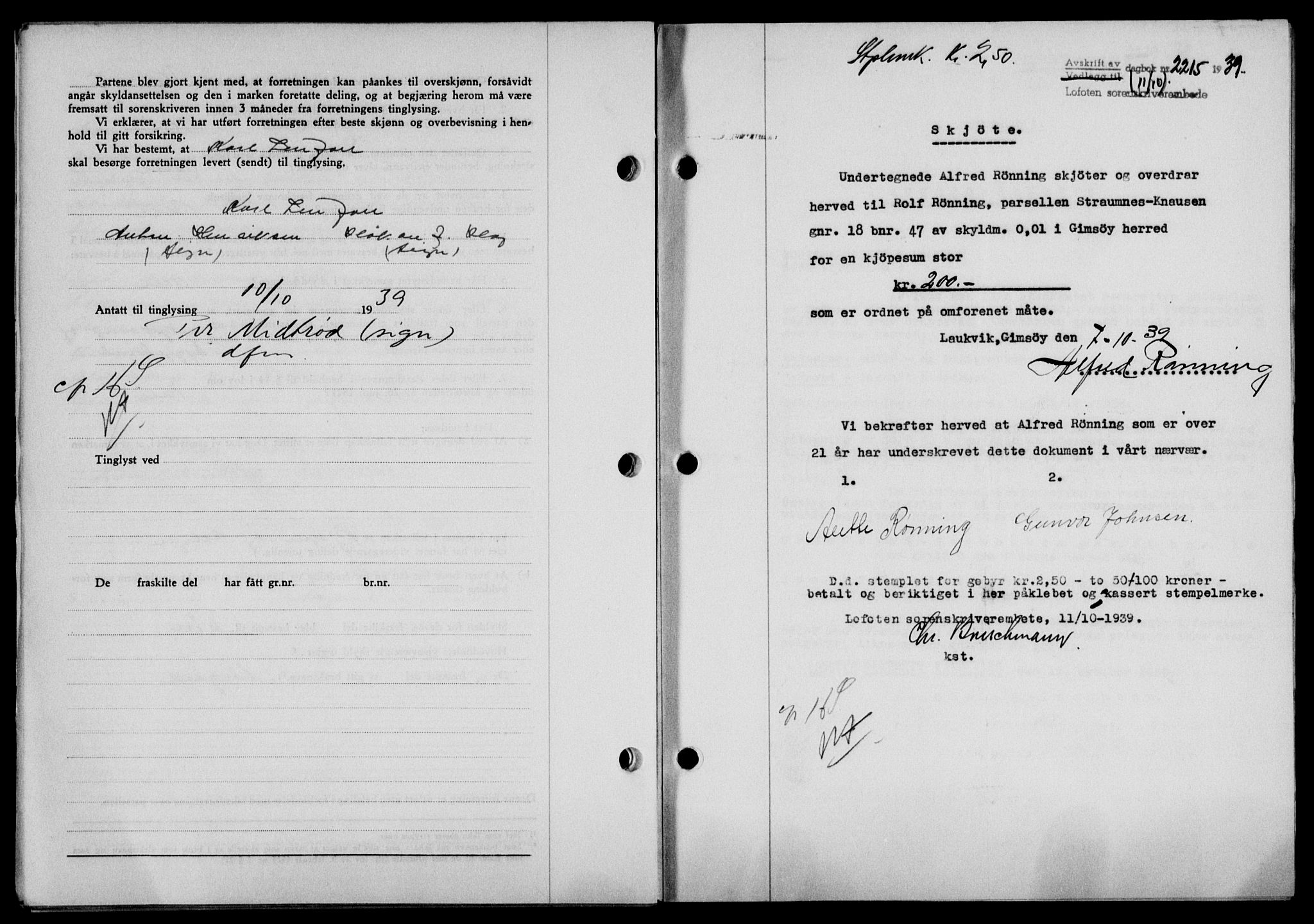 Lofoten sorenskriveri, SAT/A-0017/1/2/2C/L0006a: Mortgage book no. 6a, 1939-1939, Diary no: : 2215/1939
