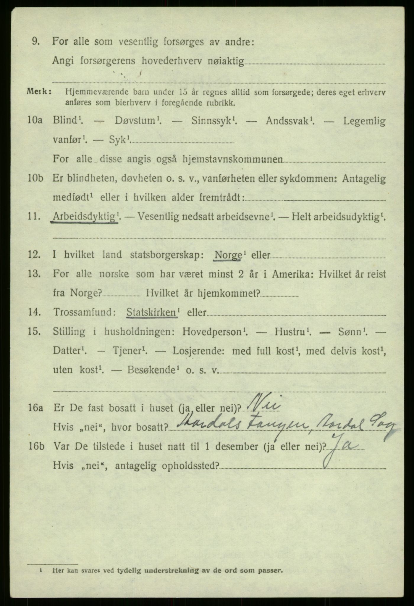 SAB, 1920 census for Årdal, 1920, p. 3822