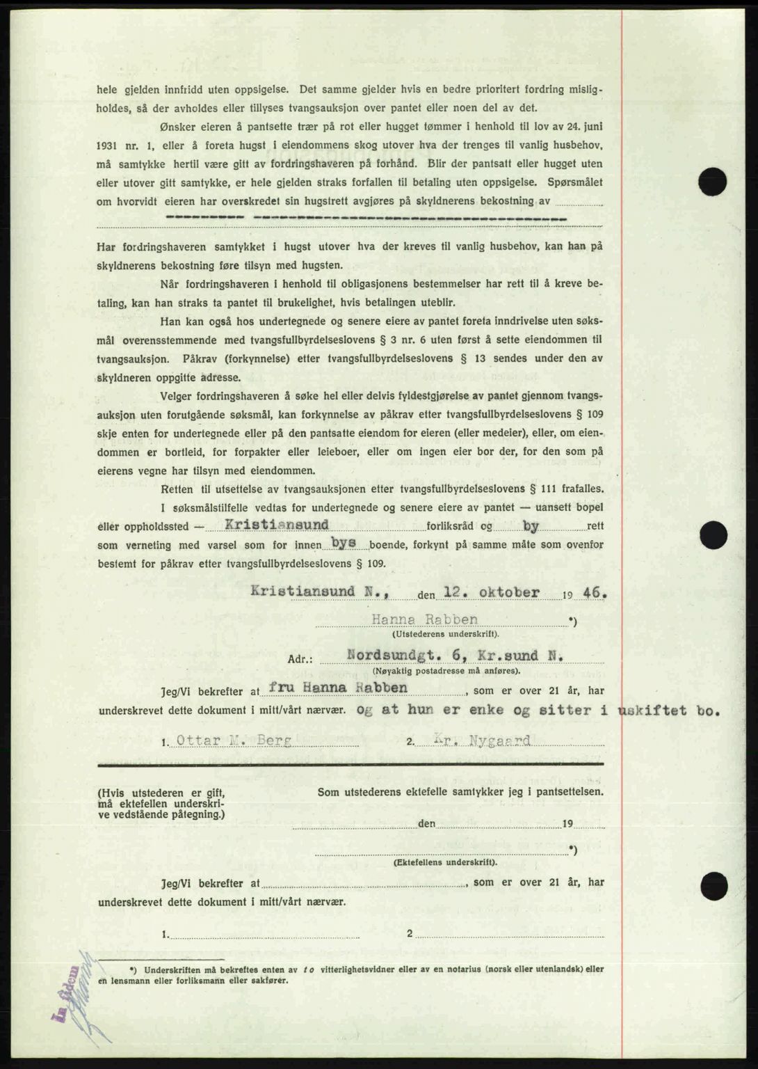 Kristiansund byfogd, AV/SAT-A-4587/A/27: Mortgage book no. 40, 1946-1946, Diary no: : 1136/1946