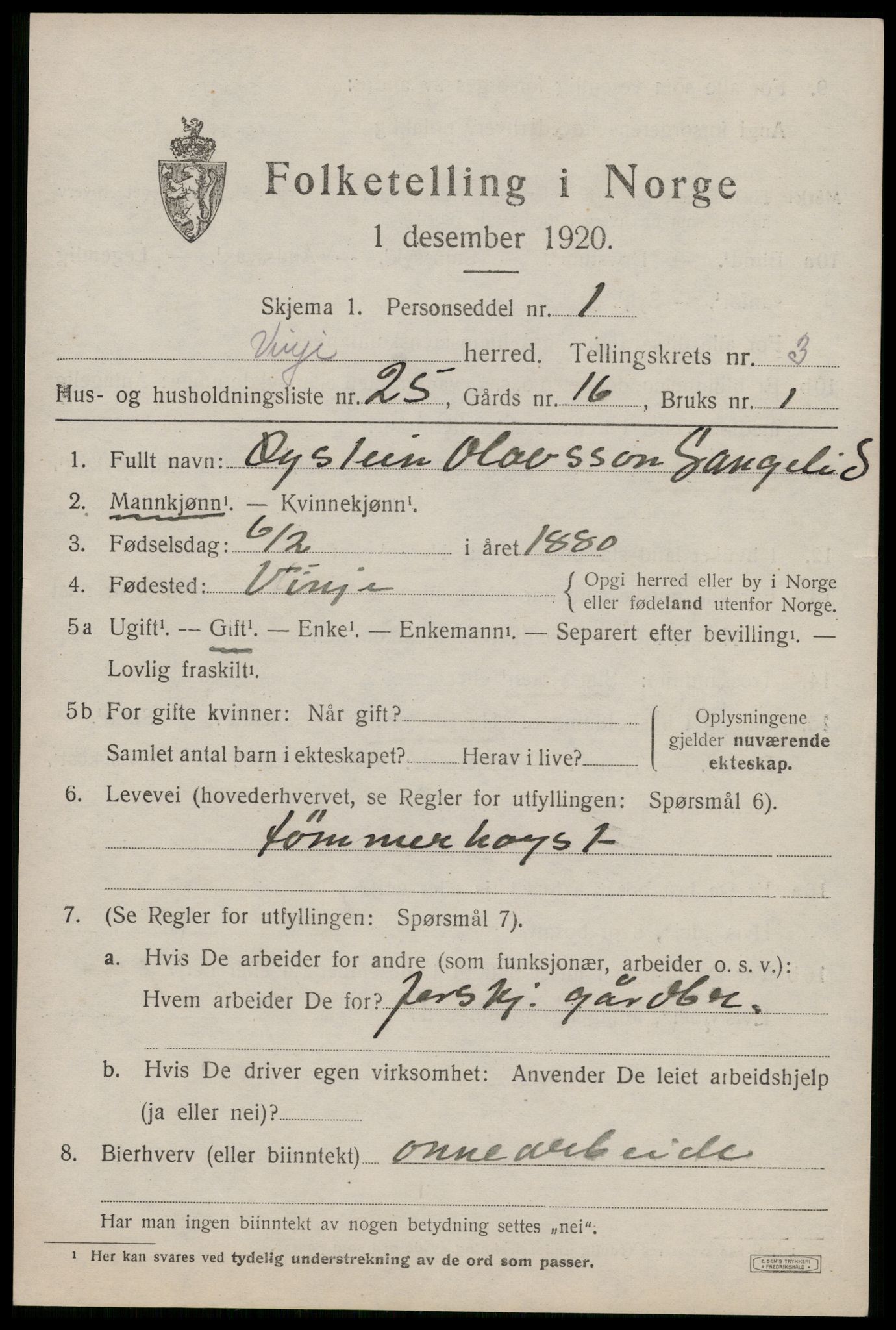 SAKO, 1920 census for Vinje, 1920, p. 1249