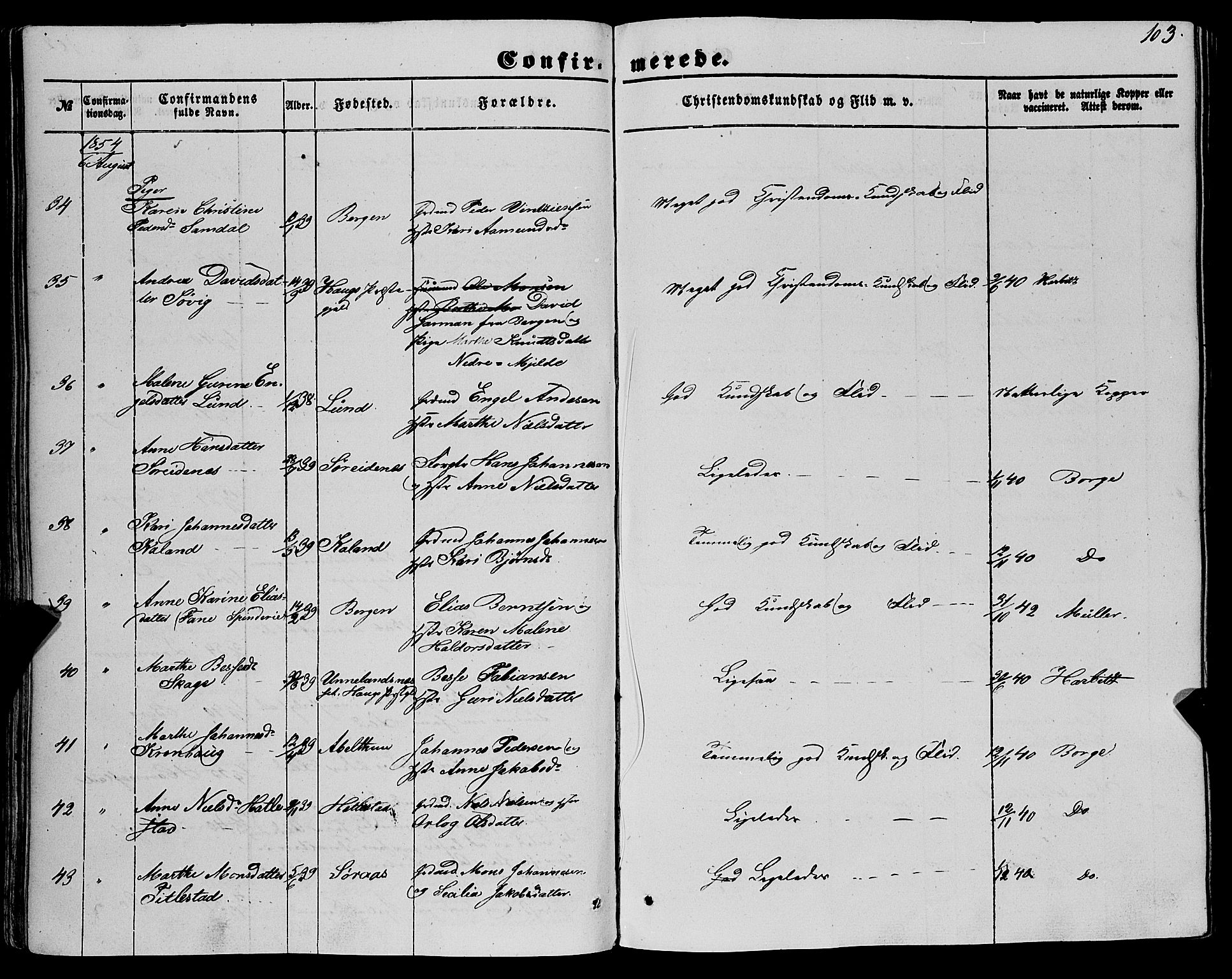 Fana Sokneprestembete, AV/SAB-A-75101/H/Haa/Haaa/L0011: Parish register (official) no. A 11, 1851-1862, p. 103