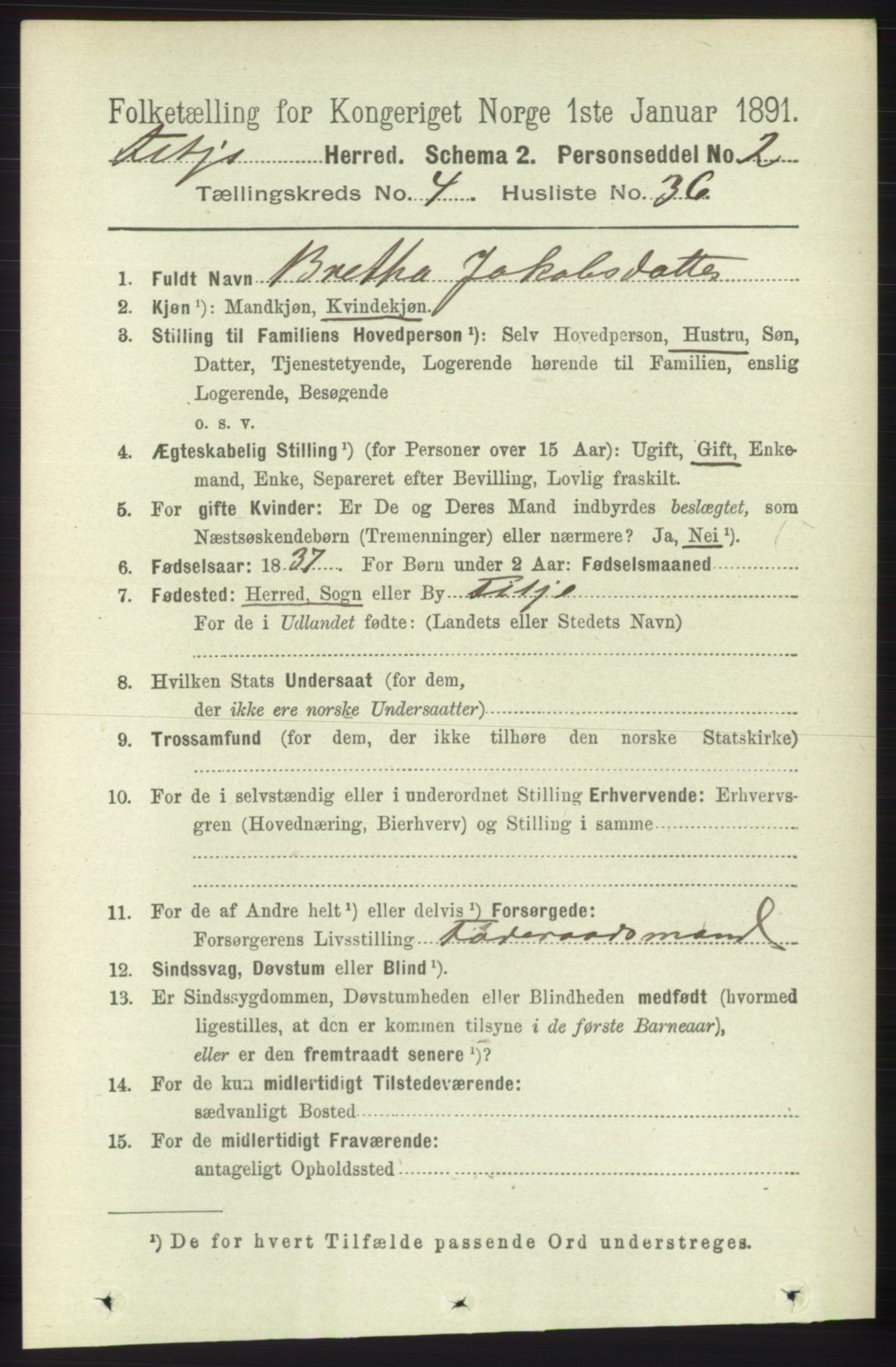 RA, 1891 census for 1222 Fitjar, 1891, p. 1536